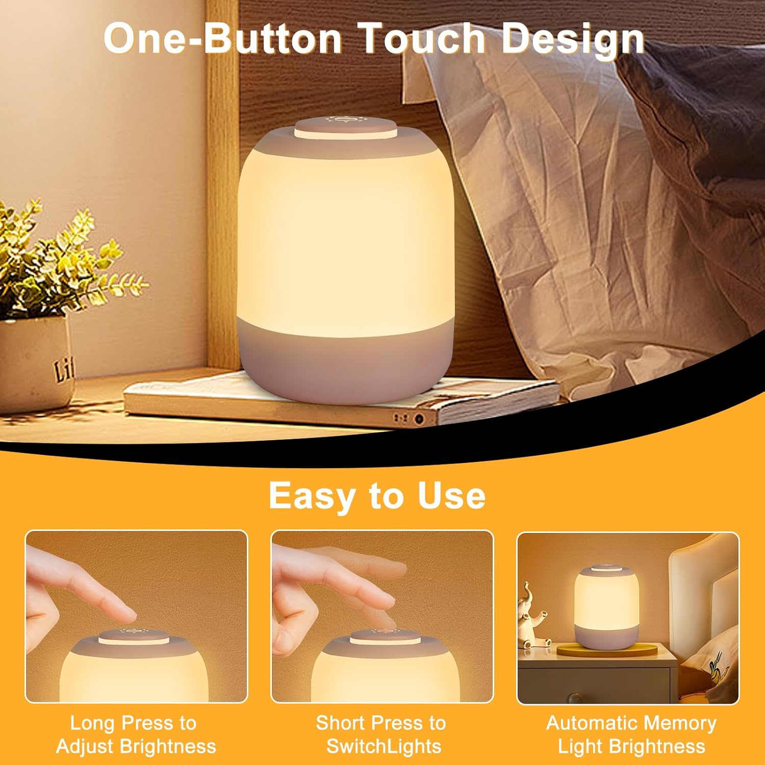Baby Night Light for Kids, LED Touch Lamp, Stepless Dimming Nursery Lamp with 3 Colors, Breastfeeding, Diaper Change, Sleep Aid, USB Rechargeable