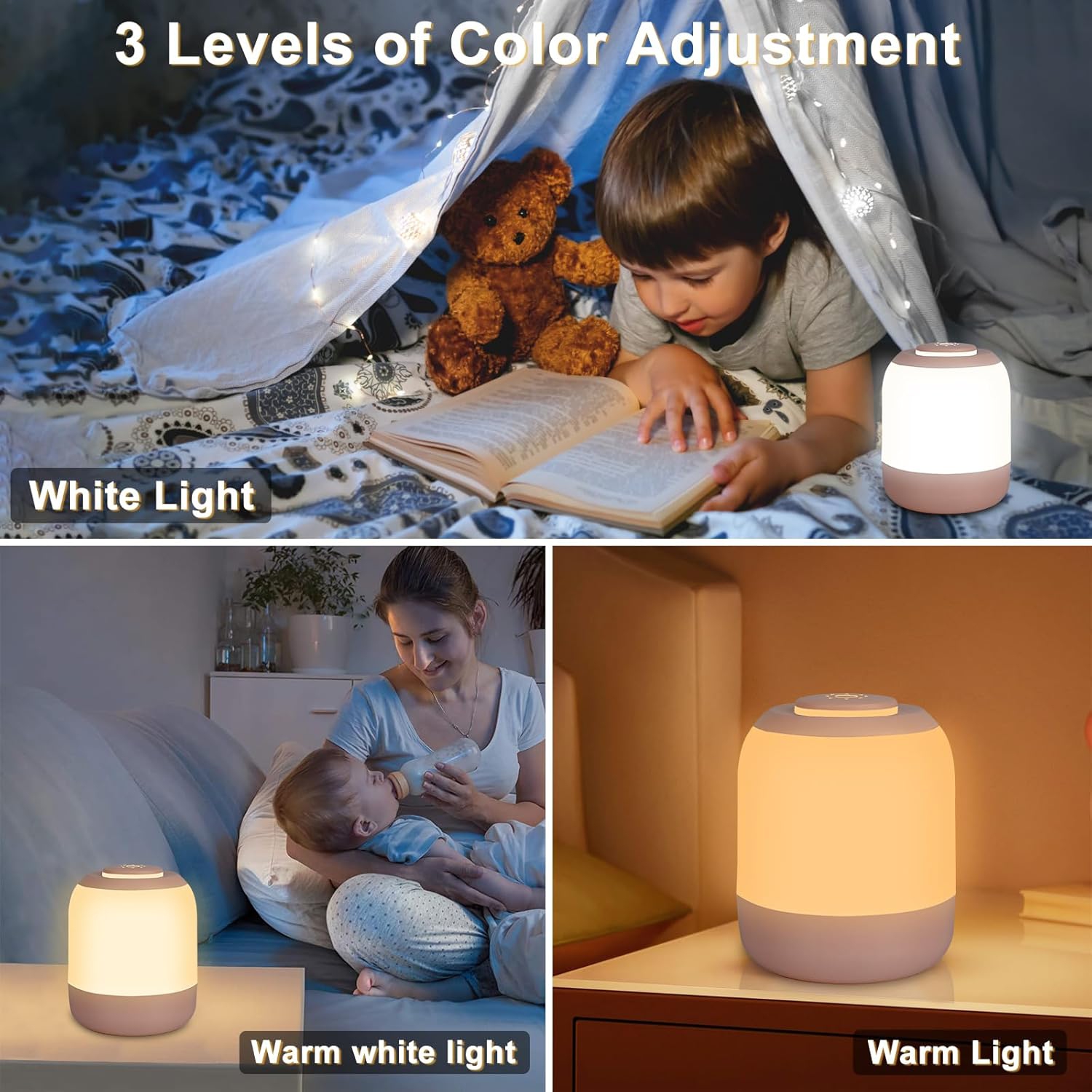Baby Night Light for Kids, LED Touch Lamp, Stepless Dimming Nursery Lamp with 3 Colors, Breastfeeding, Diaper Change, Sleep Aid, USB Rechargeable