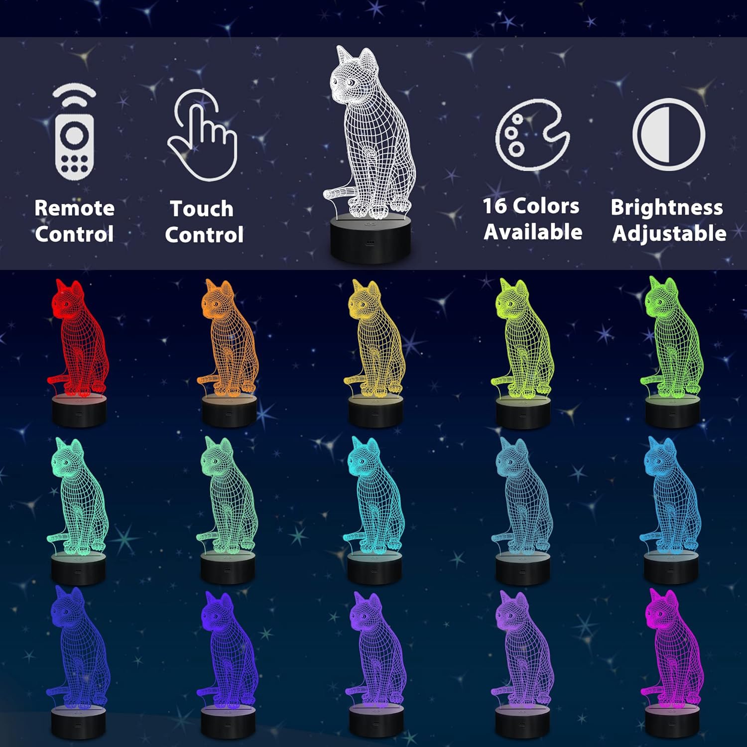 Veilleuse chat, lampe illusion 3D pour enfants 16 couleurs changeant avec télécommande Décoration de chambre d'enfant comme cadeau d'anniversaire de