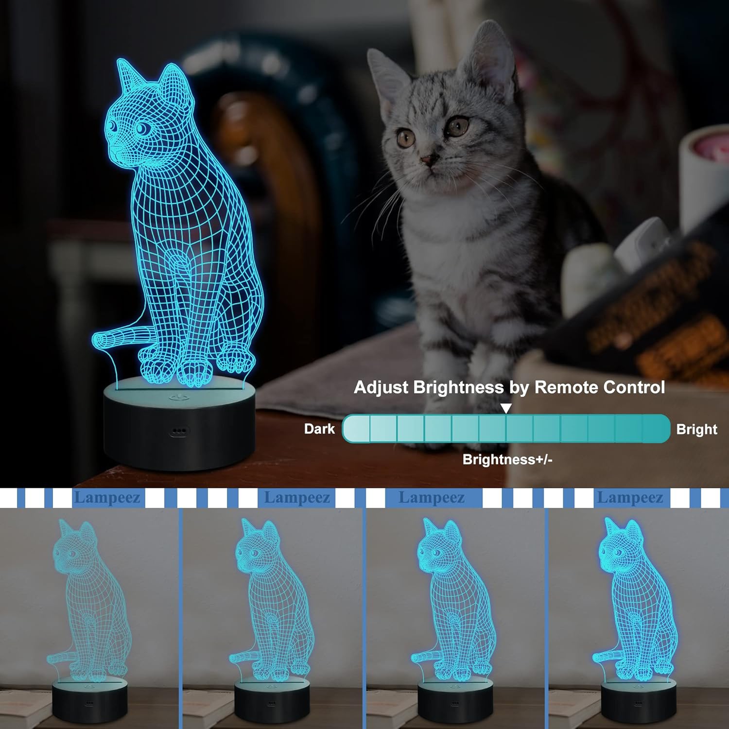 Veilleuse chat, lampe illusion 3D pour enfants 16 couleurs changeant avec télécommande Décoration de chambre d'enfant comme cadeau d'anniversaire de