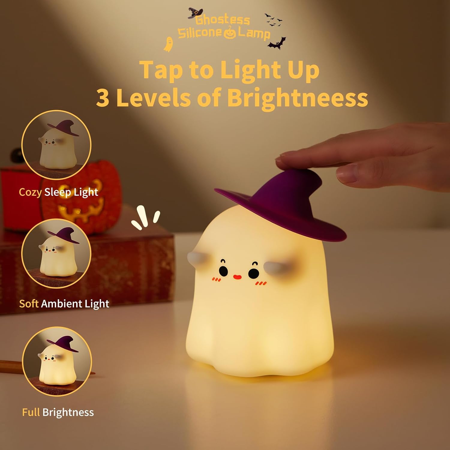 Night Light, Squishy Cute Dimmable Silicone Light Up Nursery Nightlight, USB Rechargeable Cute Bedroom Halloween Decor Bedside Touch Night Lamp for