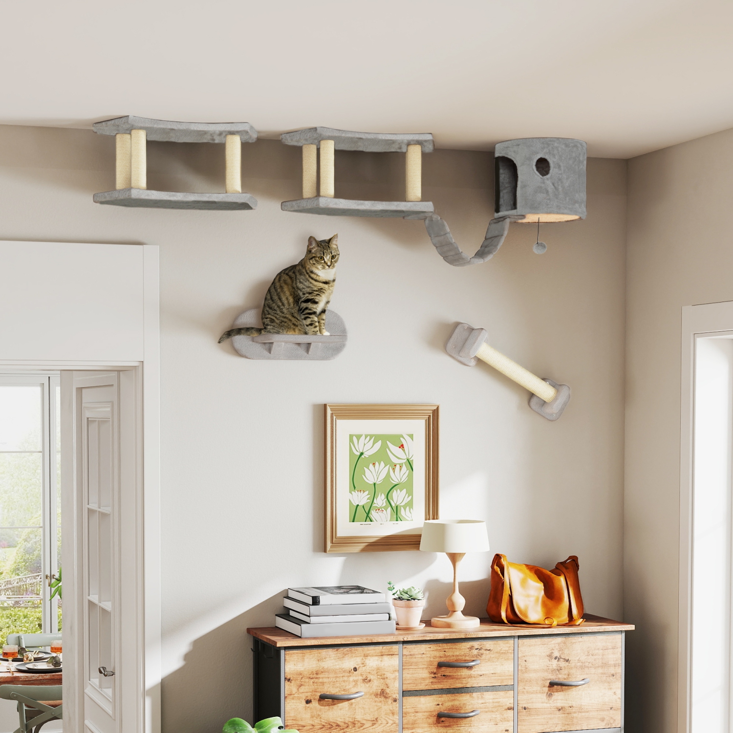 PawHut Cat Wall Shelves, 4PCs Cat Shelves with Scratching Post, Jumping Platforms, Ladder, Condo, Ceiling Wall Mounted Cat Climber, Light Grey