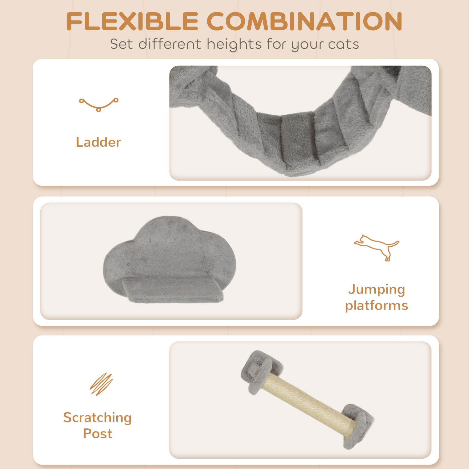 PawHut Cat Wall Shelves, 4PCs Cat Shelves with Scratching Post, Jumping Platforms, Ladder, Condo, Ceiling Wall Mounted Cat Climber, Light Grey