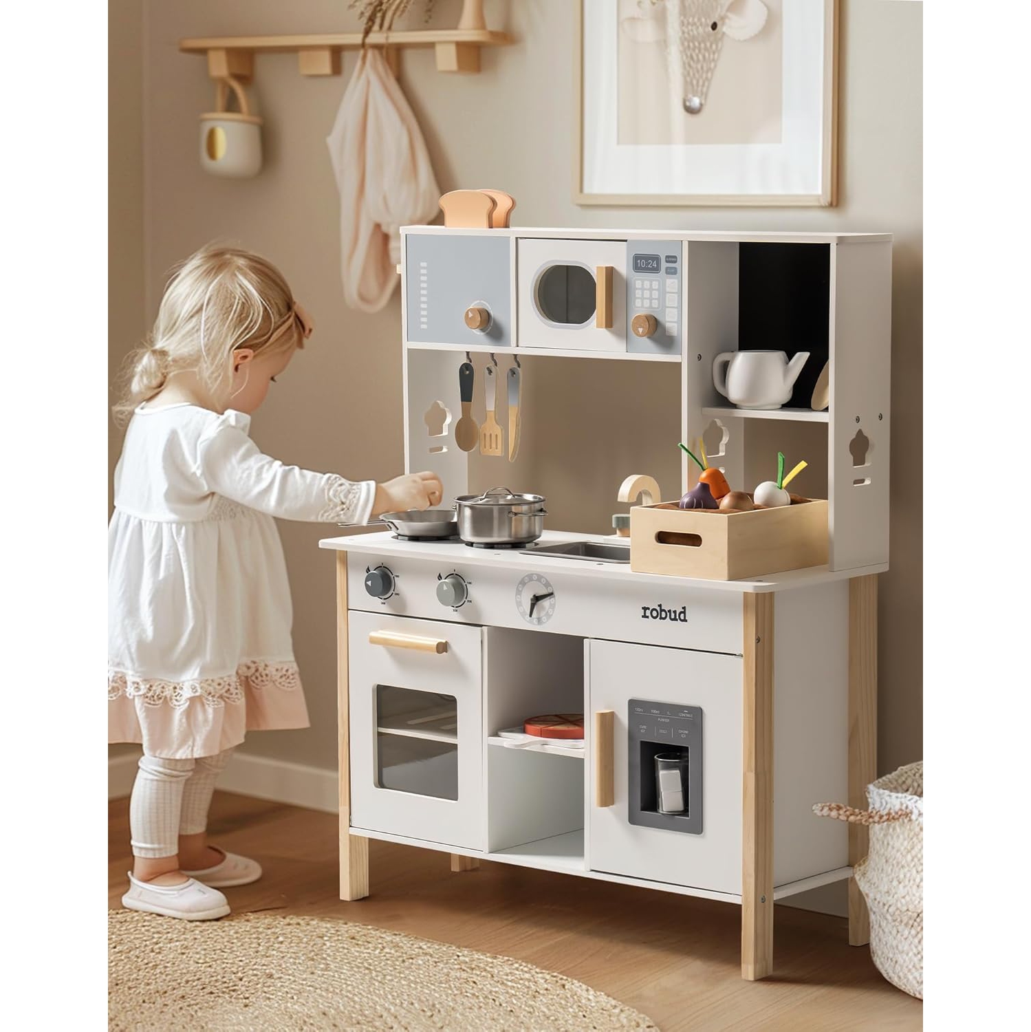 Cuisine jouet pour enfants de ROBUD - Cuisine jouet en bois avec jardinière, Ensemble de cuisine de prétend Montessori avec machine à glaçons et four