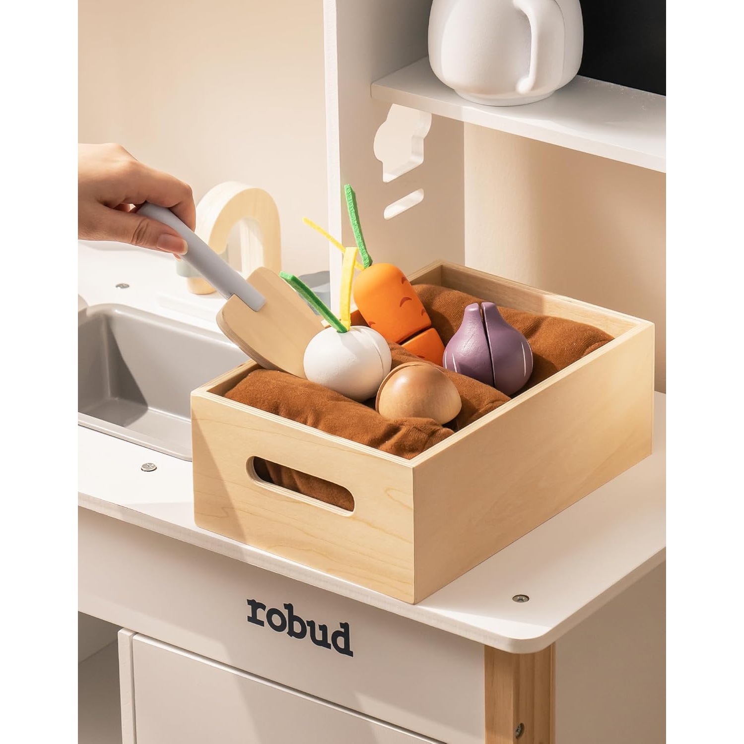 Cuisine jouet pour enfants de ROBUD - Cuisine jouet en bois avec jardinière, Ensemble de cuisine de prétend Montessori avec machine à glaçons et four