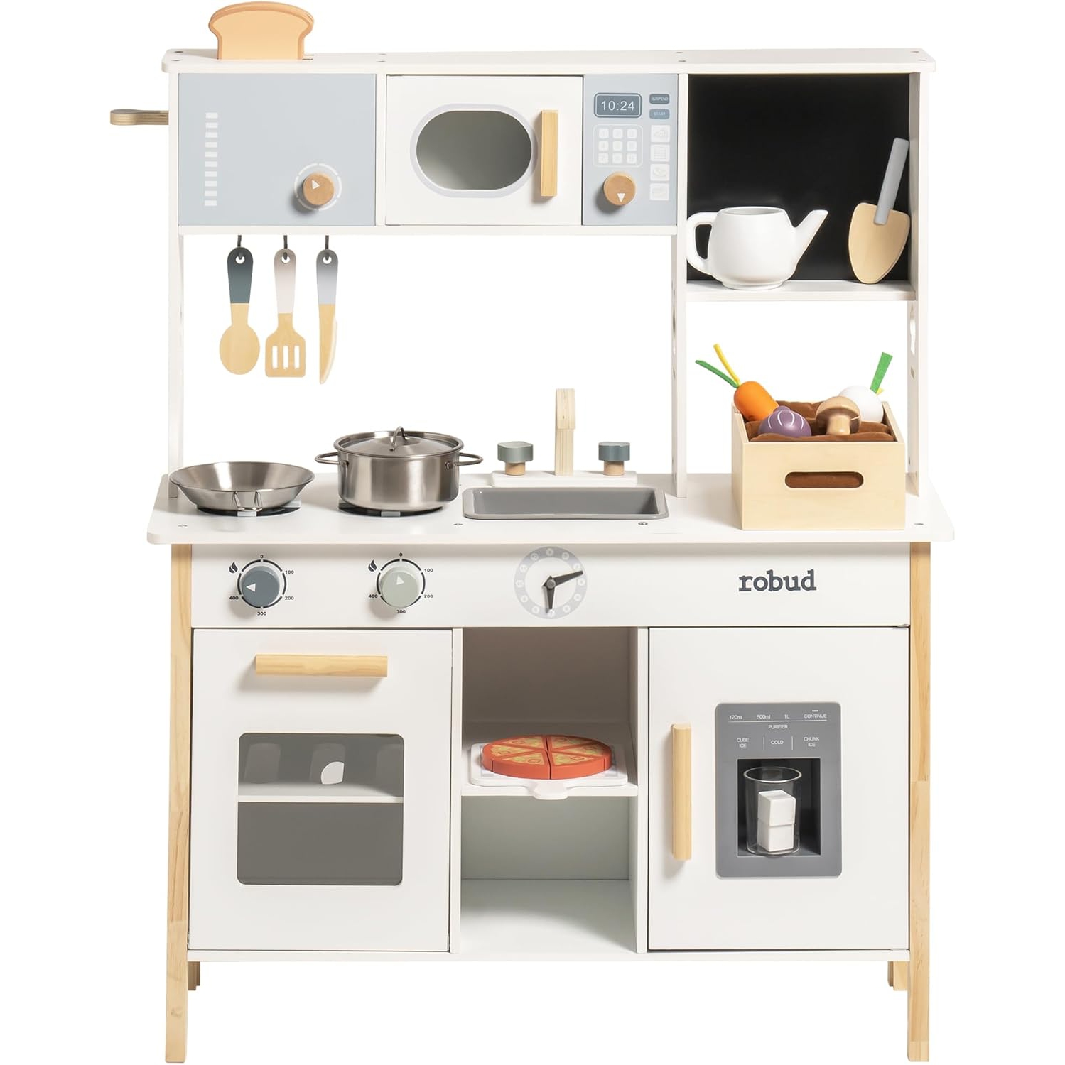 Cuisine jouet pour enfants de ROBUD - Cuisine jouet en bois avec jardinière, Ensemble de cuisine de prétend Montessori avec machine à glaçons et four