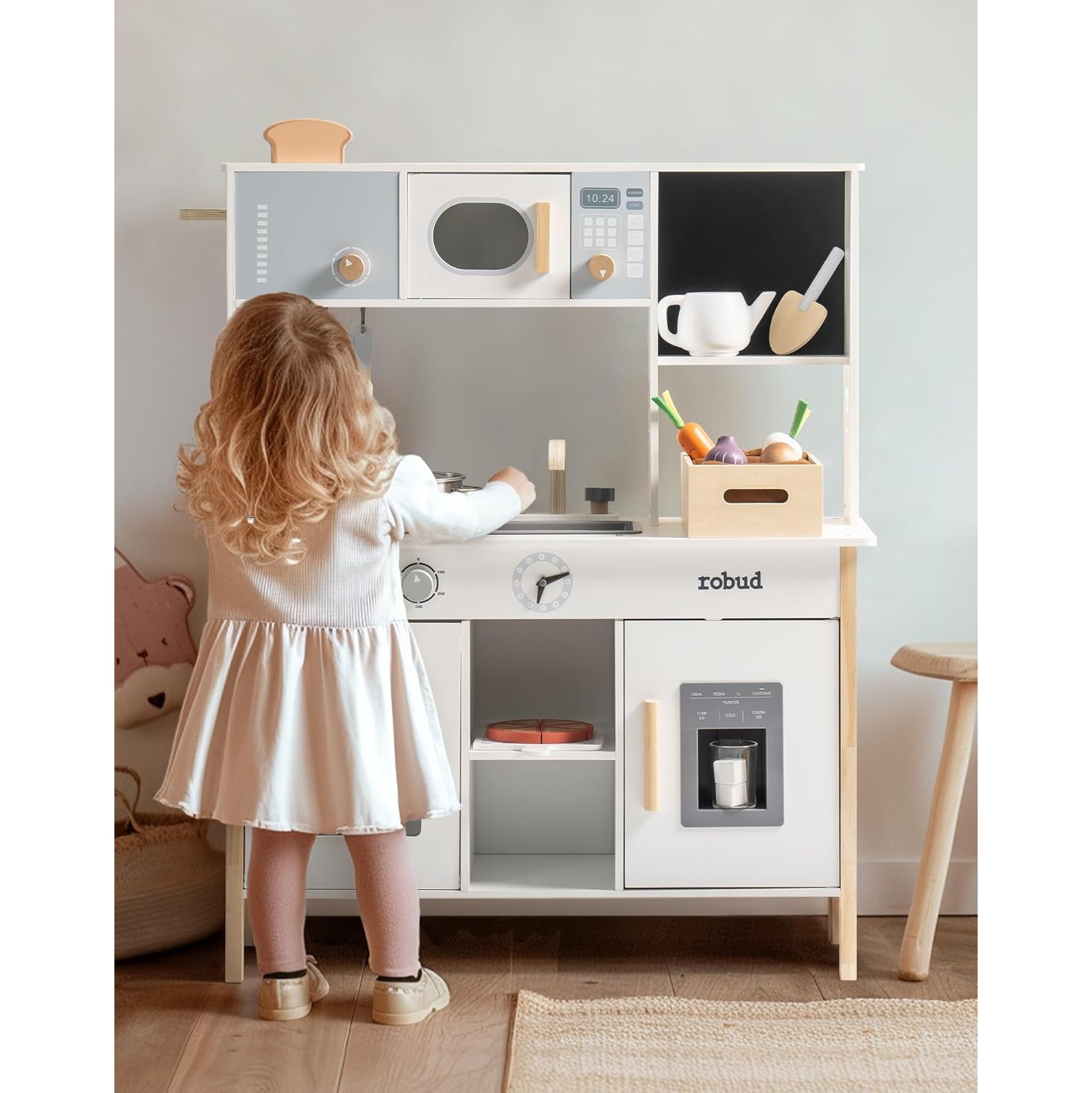 Cuisine jouet pour enfants de ROBUD - Cuisine jouet en bois avec jardinière, Ensemble de cuisine de prétend Montessori avec machine à glaçons et four