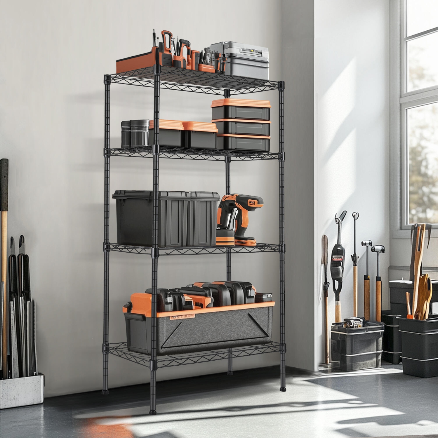 4 Tier Steel Storage Shelving Unit, Garage Tool Storage Rack, 23.6"W x 13.7"D x 47"H Adjustable Wire Organizer Shelf for Garage Kitchen Pantry Office