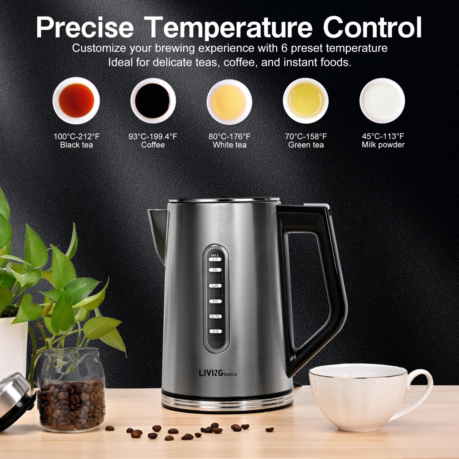 1500W Stainless Steel Electric Kettle, 1.7L Fast Boil with LCD Display and 6 Temperature Presets, Auto Shut Off and Boil Dry Protection, 30min Keep
