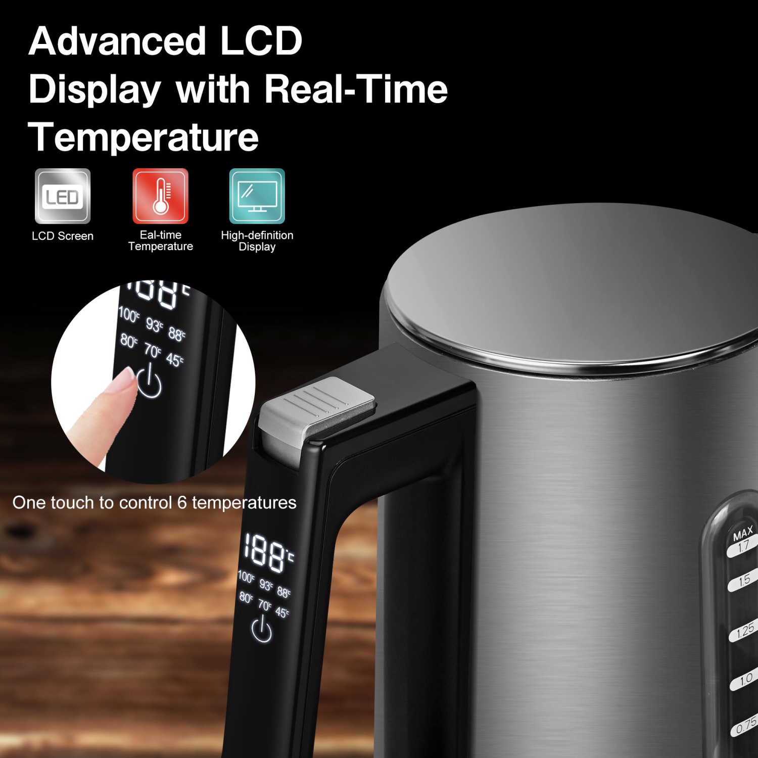1500W Stainless Steel Electric Kettle, 1.7L Fast Boil with LCD Display and 6 Temperature Presets, Auto Shut Off and Boil Dry Protection, 30min Keep