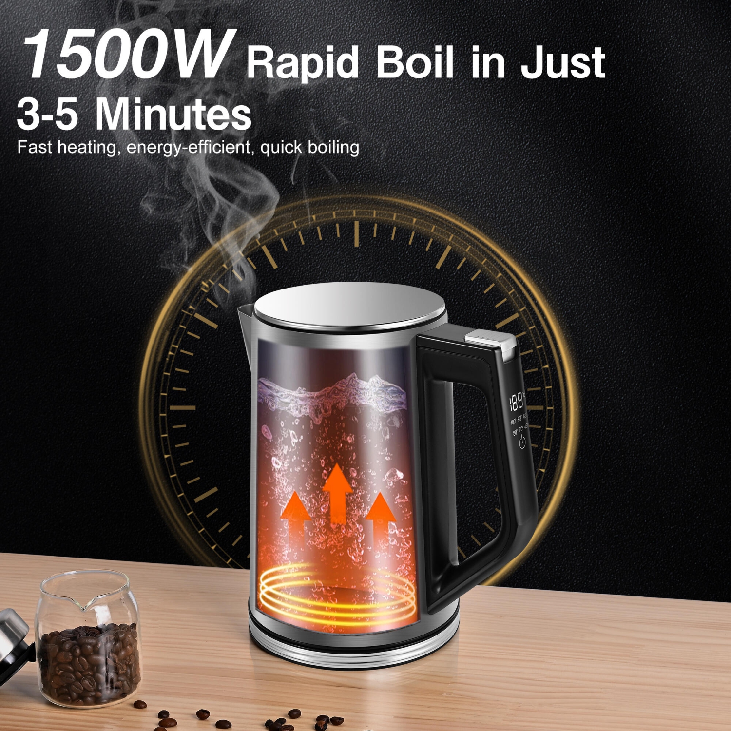 1500W Stainless Steel Electric Kettle, 1.7L Fast Boil with LCD Display and 6 Temperature Presets, Auto Shut Off and Boil Dry Protection, 30min Keep