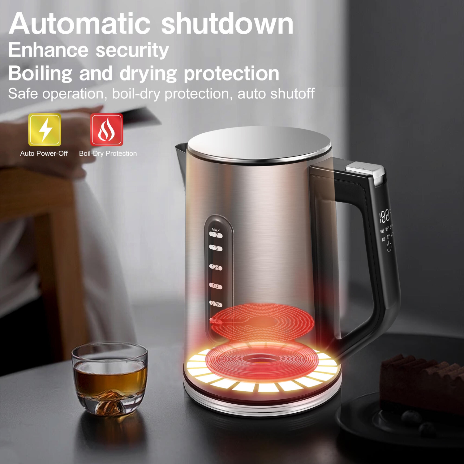 1500W Stainless Steel Electric Kettle, 1.7L Fast Boil with LCD Display and 6 Temperature Presets, Auto Shut Off and Boil Dry Protection, 30min Keep