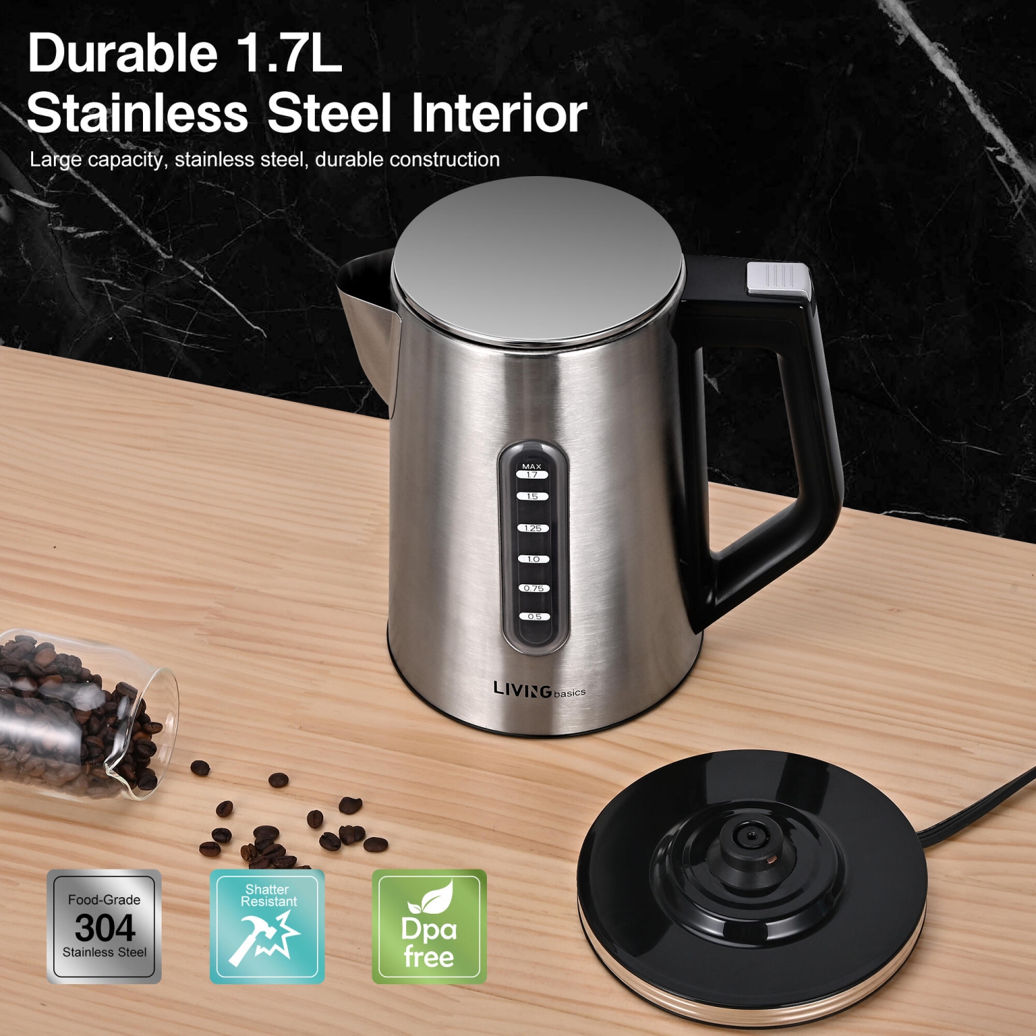 1500W Stainless Steel Electric Kettle, 1.7L Fast Boil with LCD Display and 6 Temperature Presets, Auto Shut Off and Boil Dry Protection, 30min Keep