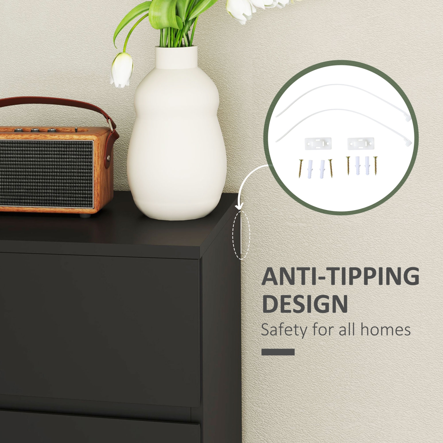 Commode de HOMCOM pour chambre à coucher avec 4 tiroirs, commode moderne, armoire de rangement en bois autonome pour salon, couloir, noir