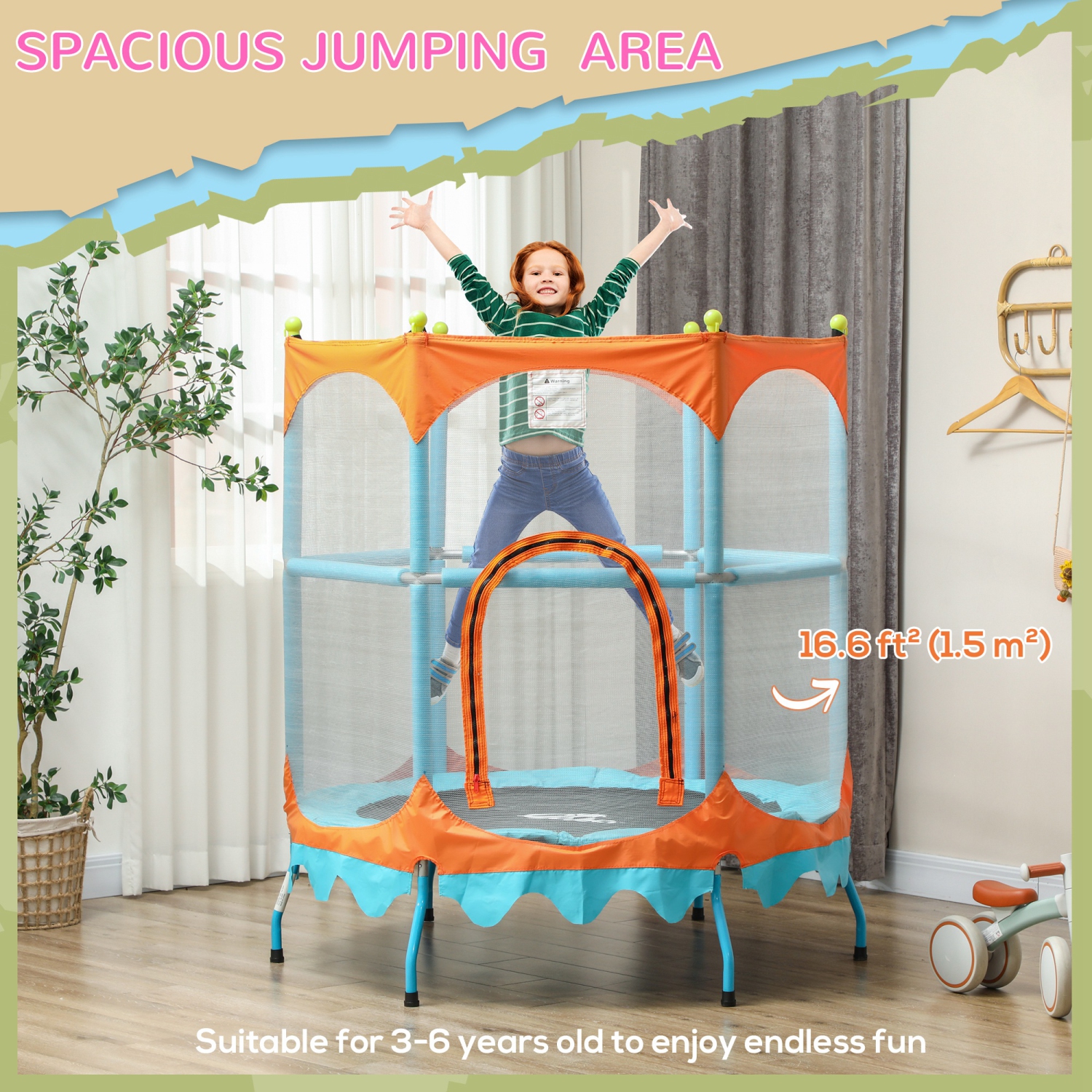Qaba Trampoline for Kids, 4.6FT Toddler Trampoline Indoor Outdoor Mini Recreational Trampoline with Handlebar, Safety Enclosure Net, Birthday Gifts
