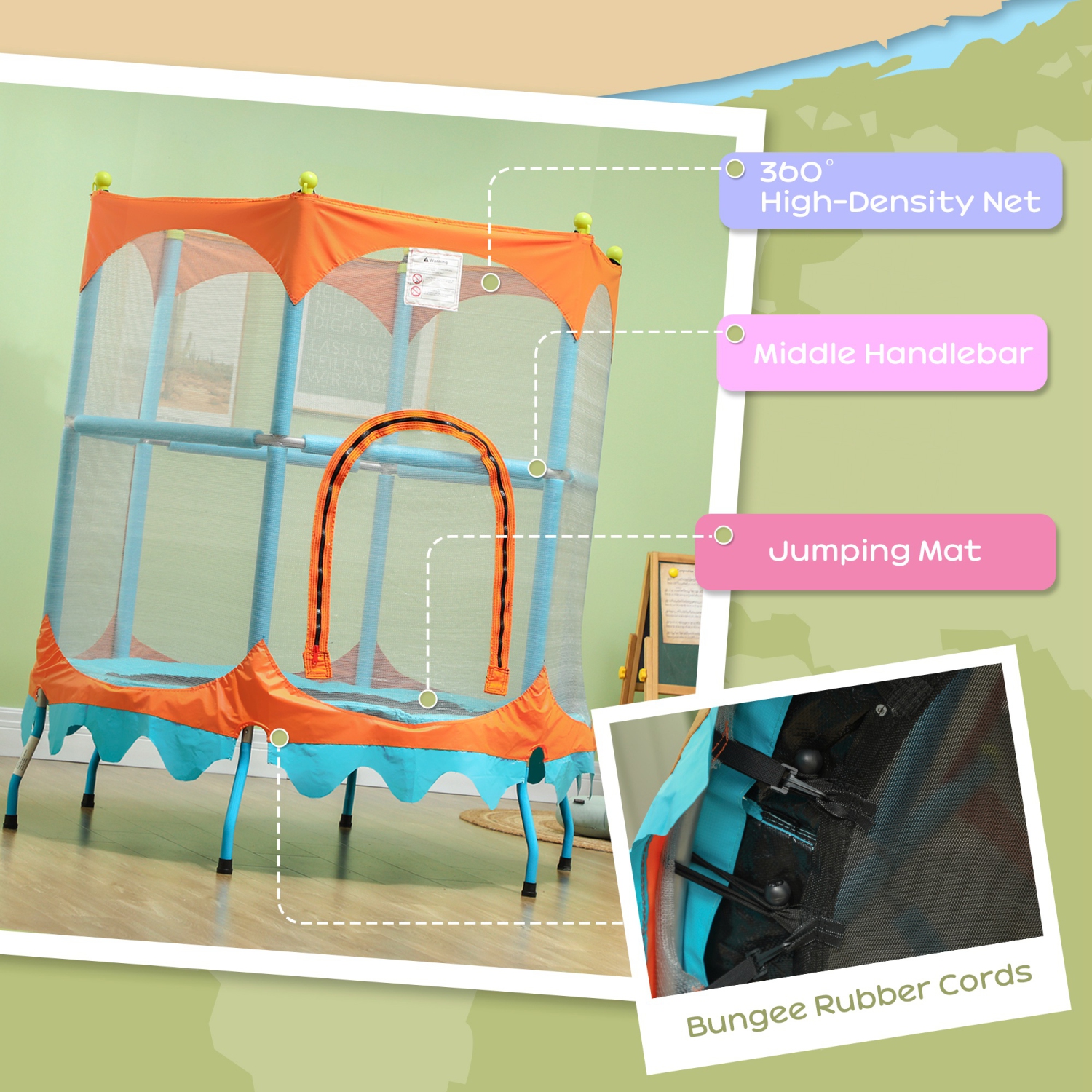 Qaba Trampoline for Kids, 4.6FT Toddler Trampoline Indoor Outdoor Mini Recreational Trampoline with Handlebar, Safety Enclosure Net, Birthday Gifts