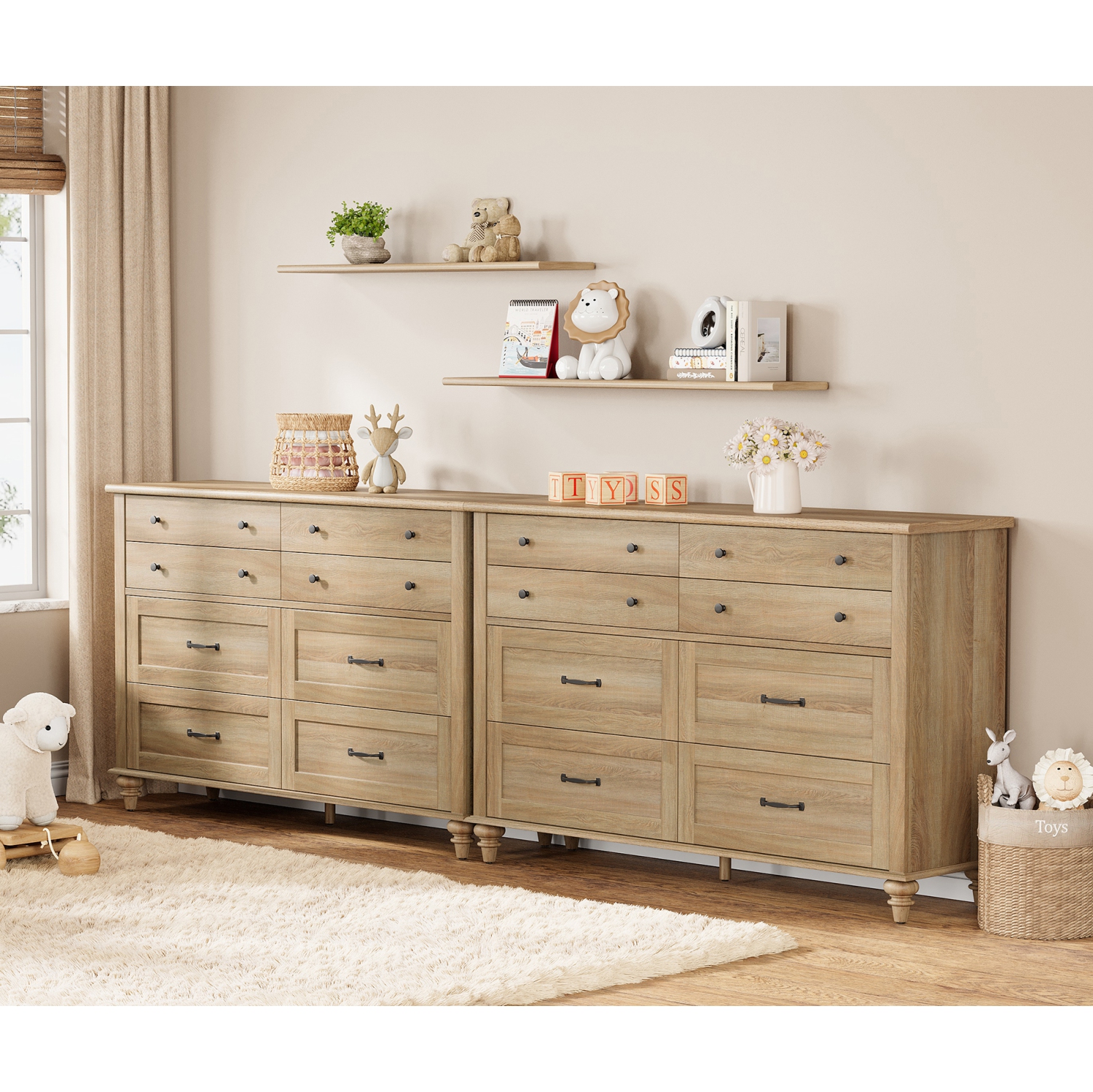 Commode 2-en-1 pour bébé WAMPAT avec 16 tiroirs pour chambre d'enfant, commode double en bois Farmhouse Kids pour chambre à coucher, chambre