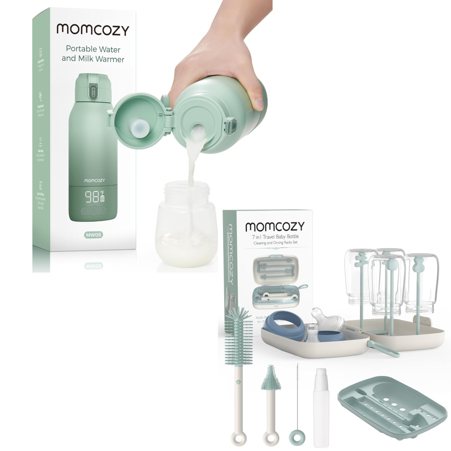 Chauffe-lait portatif Momcozy pour les voyages, portatif, chauffant rapidement et ensemble de brosses à biberon Momcozy, conception à pression