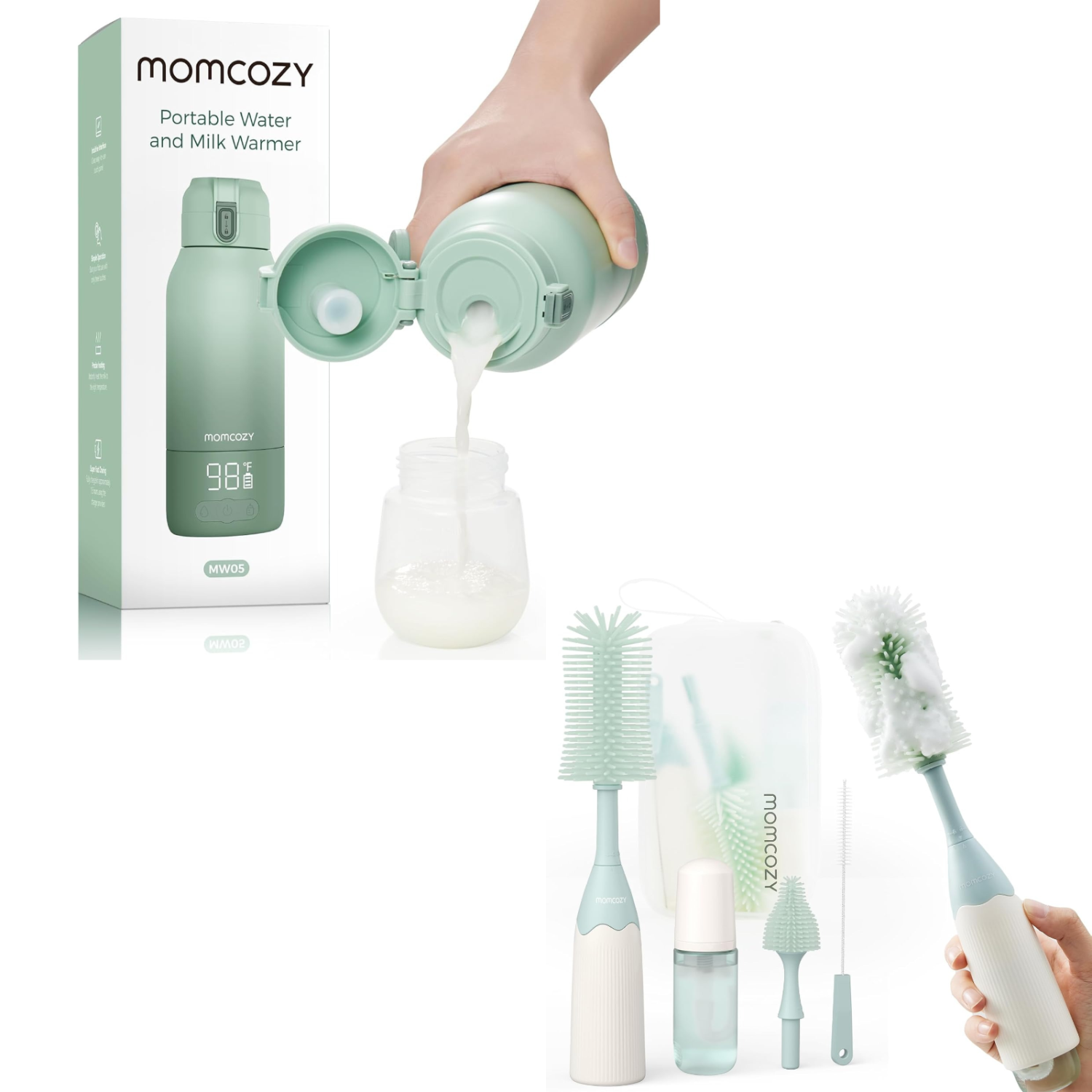 Chauffe-lait portatif Momcozy pour les voyages, portatif, chauffant rapidement et ensemble de brosses à biberon Momcozy, conception à pression