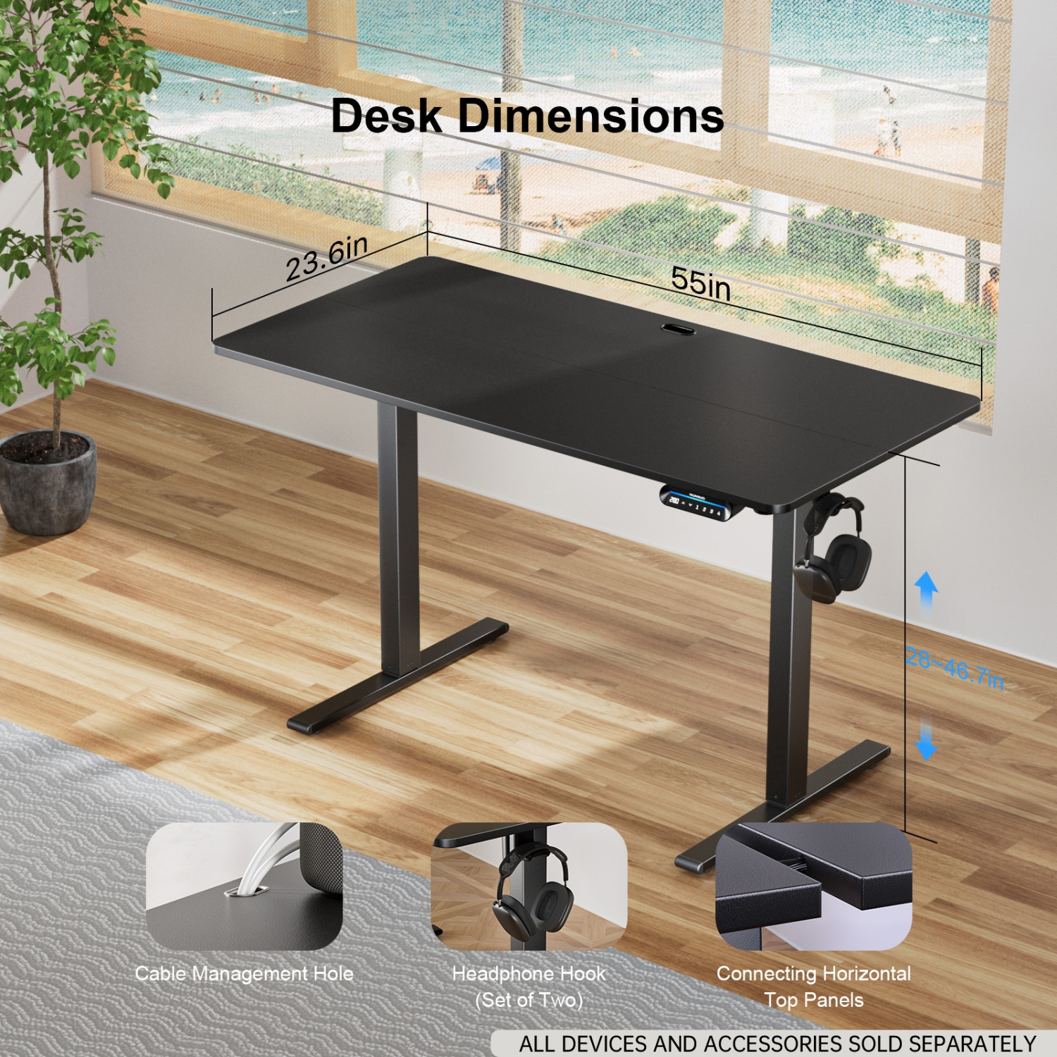 Bureau debout électrique à hauteur réglable de 140 x 60&nbsp;cm noir de Huanuo. Idéal pour un poste de travail informatique à la maison ou au bureau.