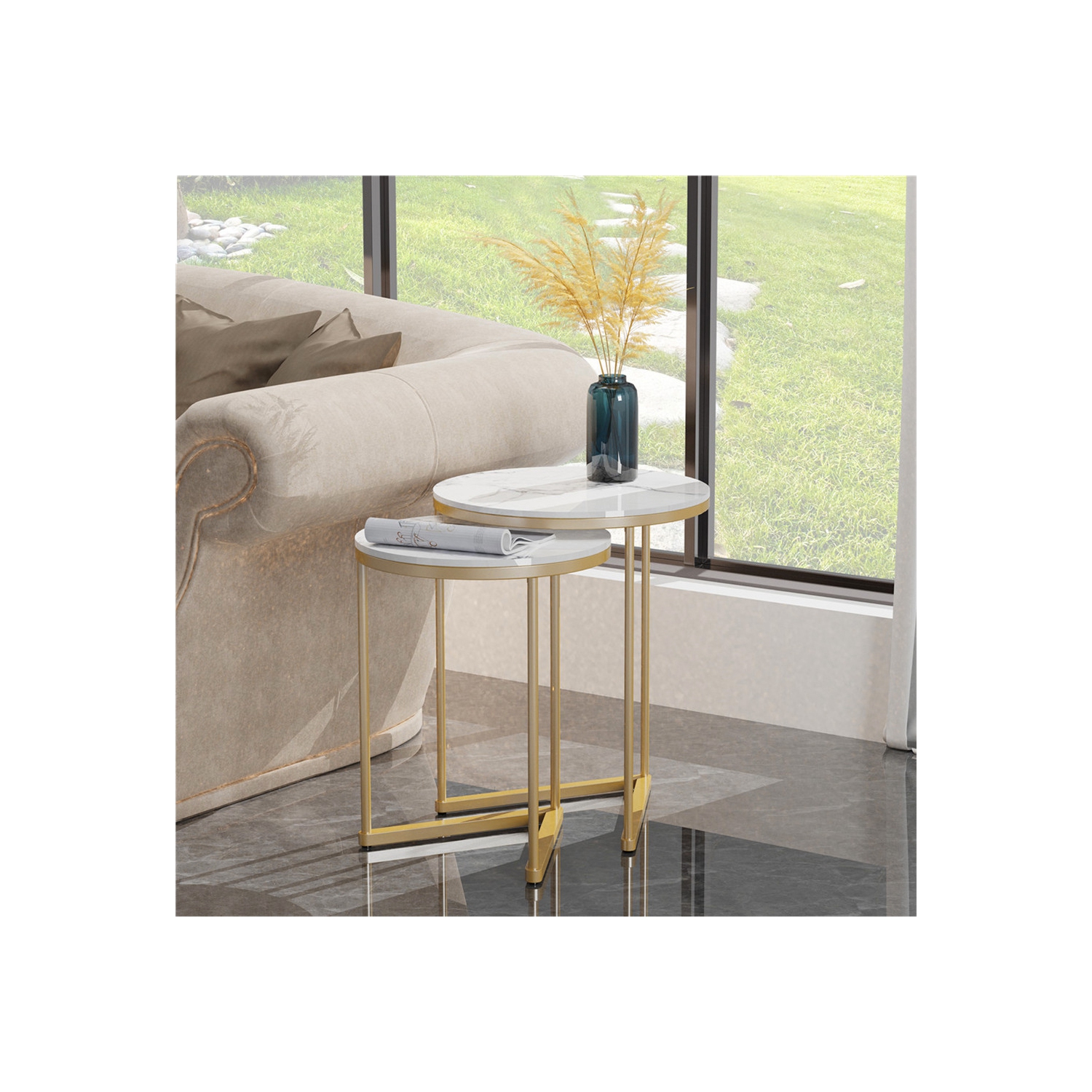 Circular Nesting Table:Set of 2 Chic Nesting Accent End Table Glossy High Nesting Sofa Side Table for Living Room Office Display