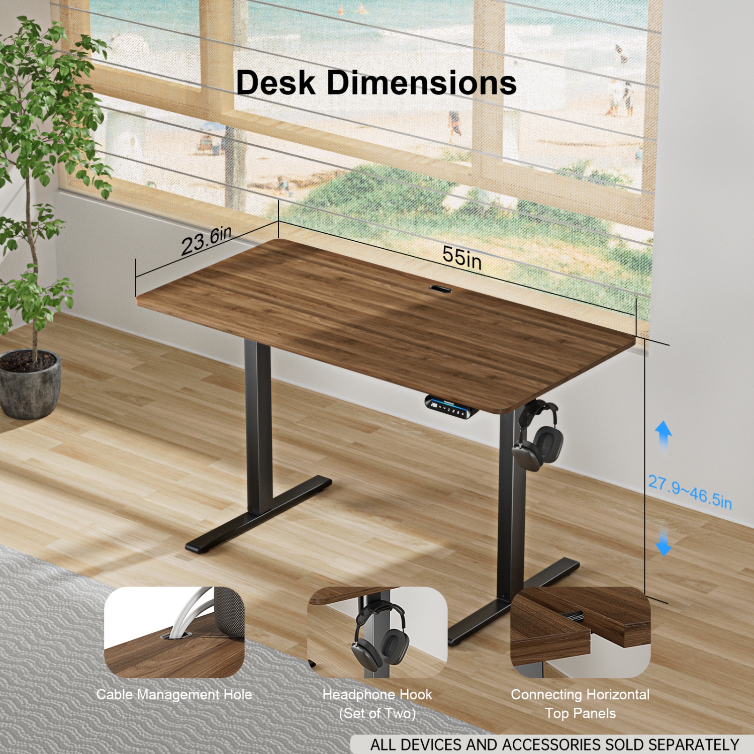 Bureau debout électrique à hauteur réglable de 140 x 60&nbsp;cm, noyer de Huanuo. Idéal pour un poste de travail informatique à la maison ou au