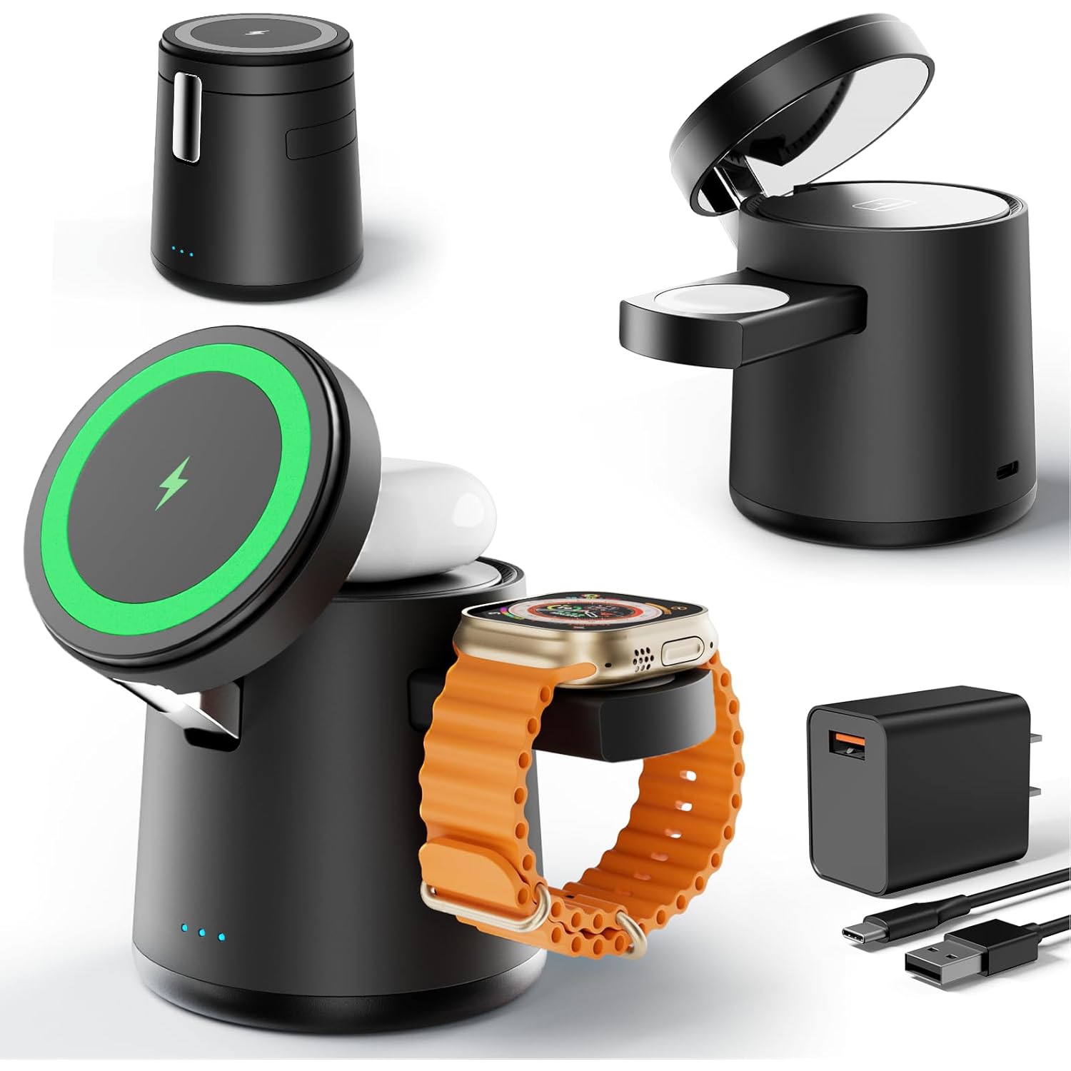 2025 Upgrade 3 in 1 Charging Station for Apple MagSafe Charger, Adjustable Portable Wireless Charging Stand, Fast Wireless Charger Dock