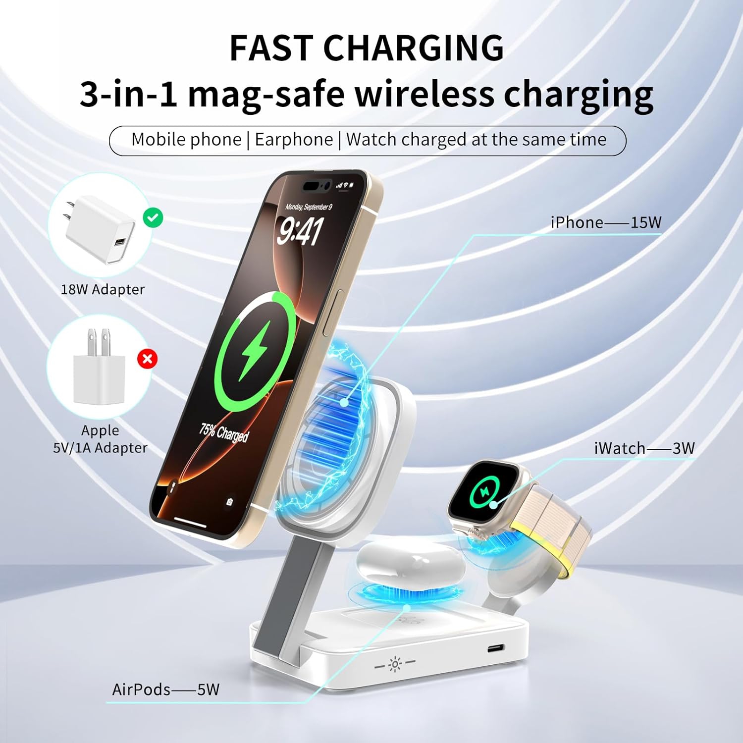 3 in 1 Foldable Charging Station for Apple Products,Mag-Safe Charger Wireless Charger Stand