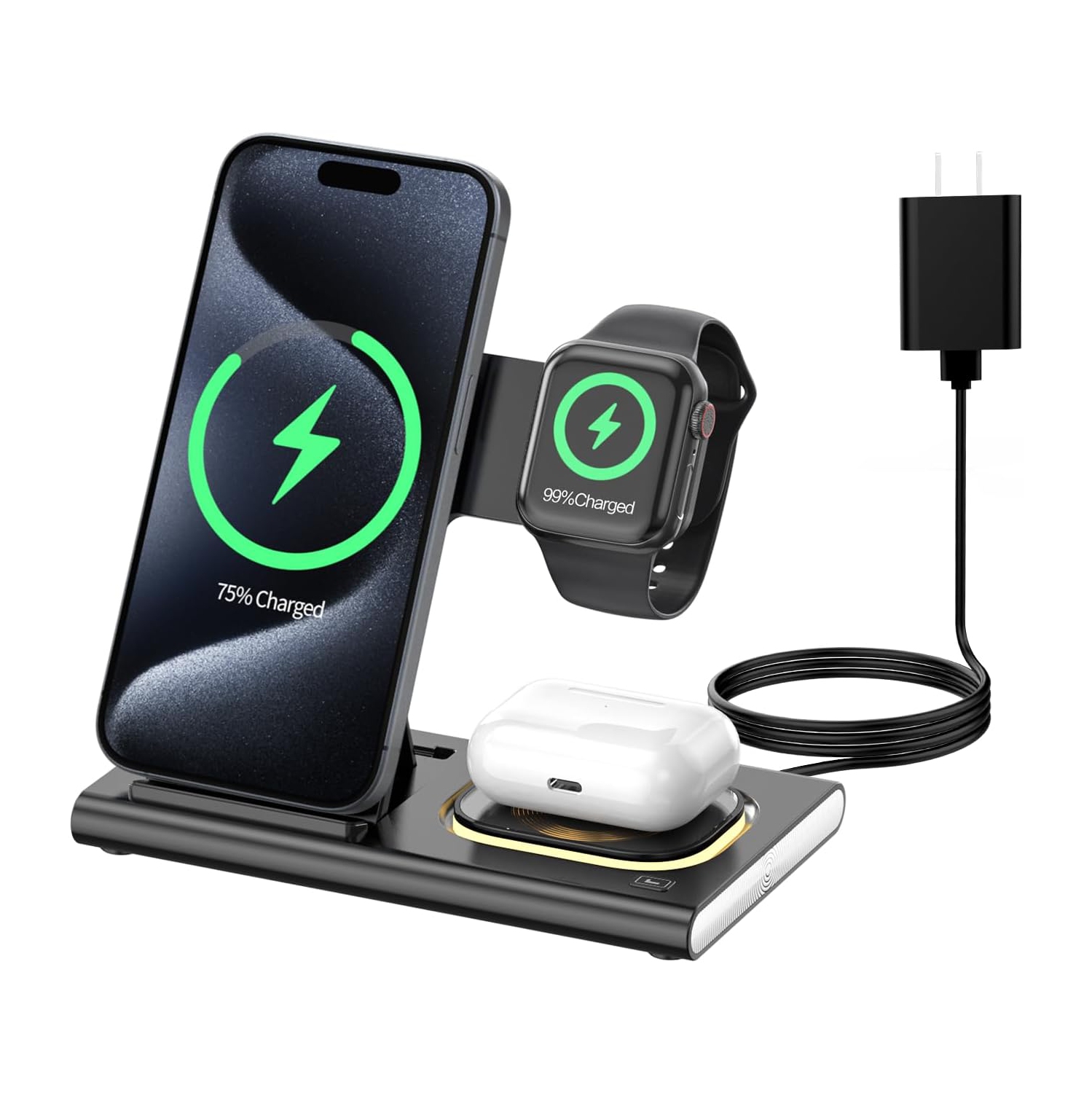 3 in 1 Foldable Charging Station for Apple Wireless Charger for iPhone 16 15 14 13 12 11 Series, Wireless Charging Station with Night Light for Apple