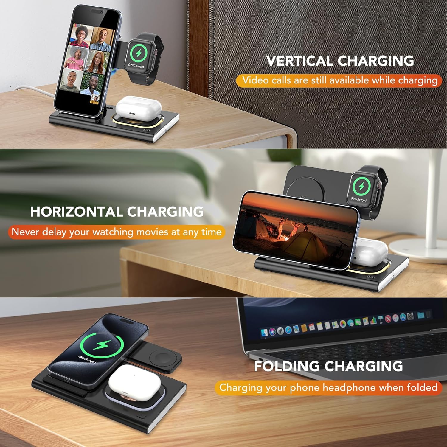 3 in 1 Foldable Charging Station for Apple Wireless Charger for iPhone 16 15 14 13 12 11 Series, Wireless Charging Station with Night Light for Apple
