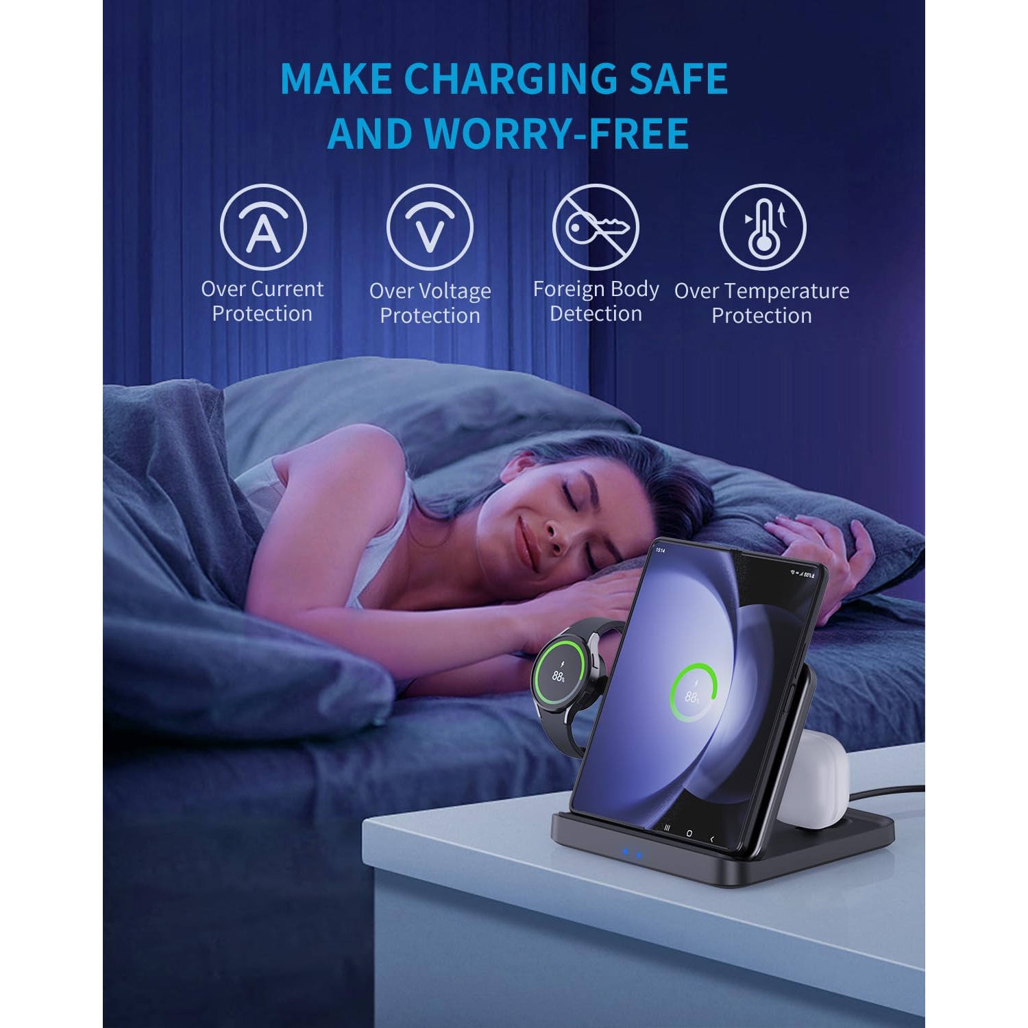 Station de chargement sans fil 3-en-1 pour Samsung Z Fold 6/5, station de recharge sans fil rapide pliable