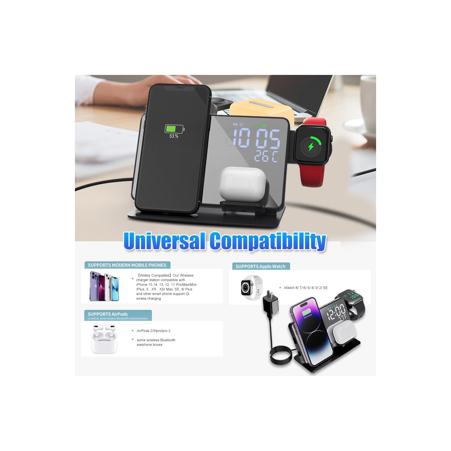 Station de recharge sans fil 4-en-1 pour appareils Apple, chargeur sans fil rapide 18&nbsp;W, réveil-matin et affichage de la température, socle de