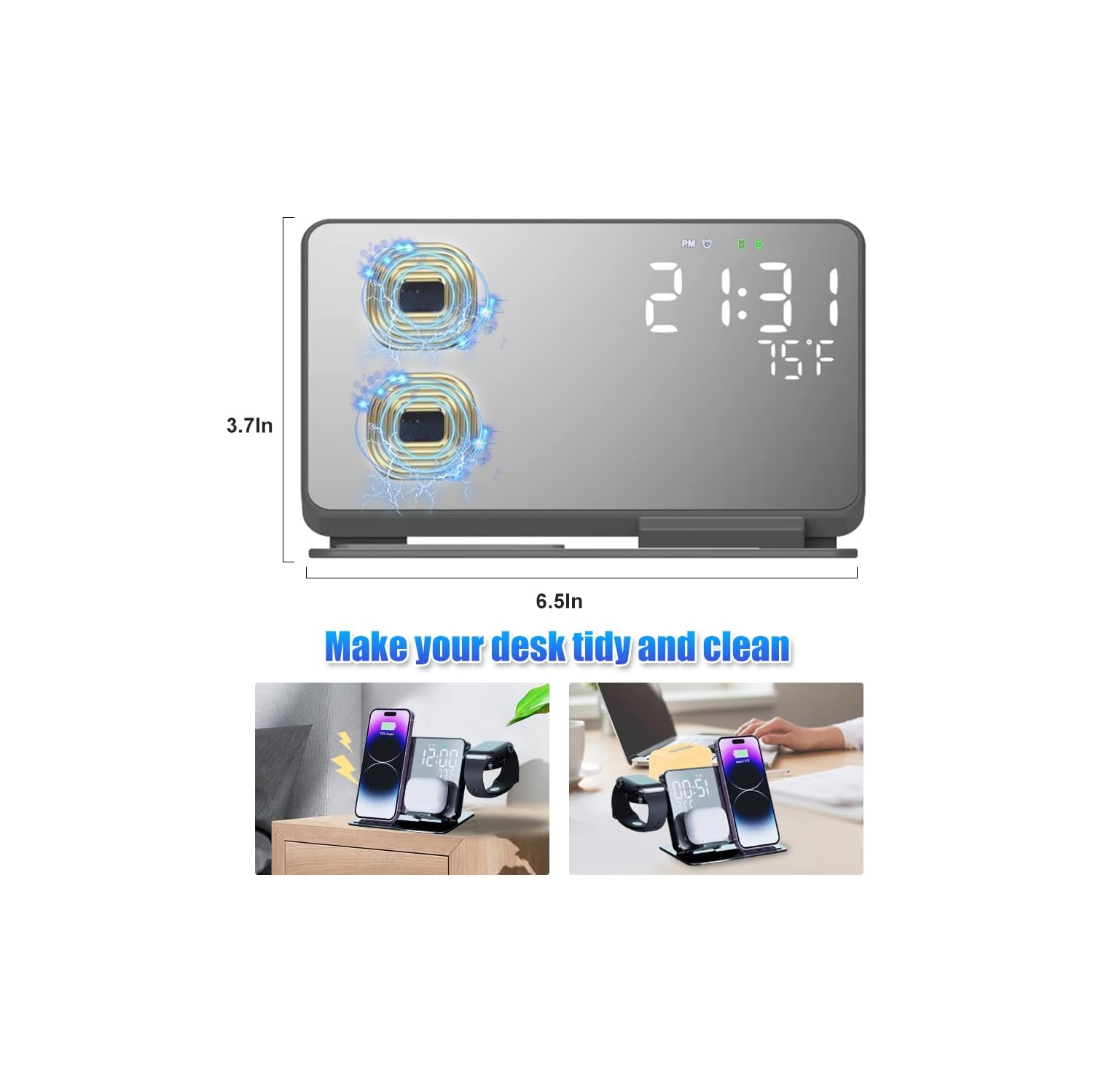 Station de recharge sans fil 4-en-1 pour appareils Apple, chargeur sans fil rapide 18&nbsp;W, réveil-matin et affichage de la température, socle de