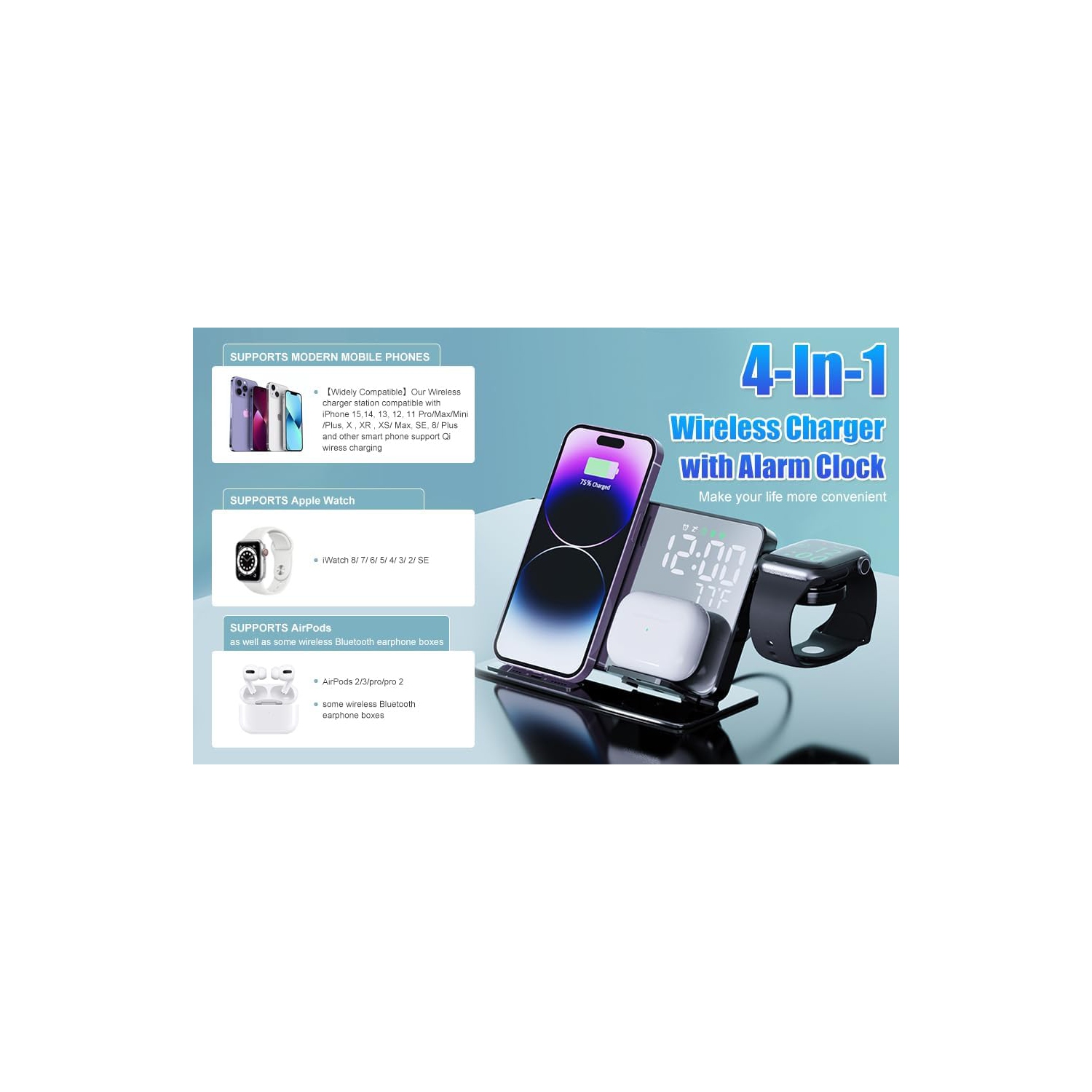 Station de recharge sans fil 4-en-1 pour appareils Apple, chargeur sans fil rapide 18&nbsp;W, réveil-matin et affichage de la température, socle de
