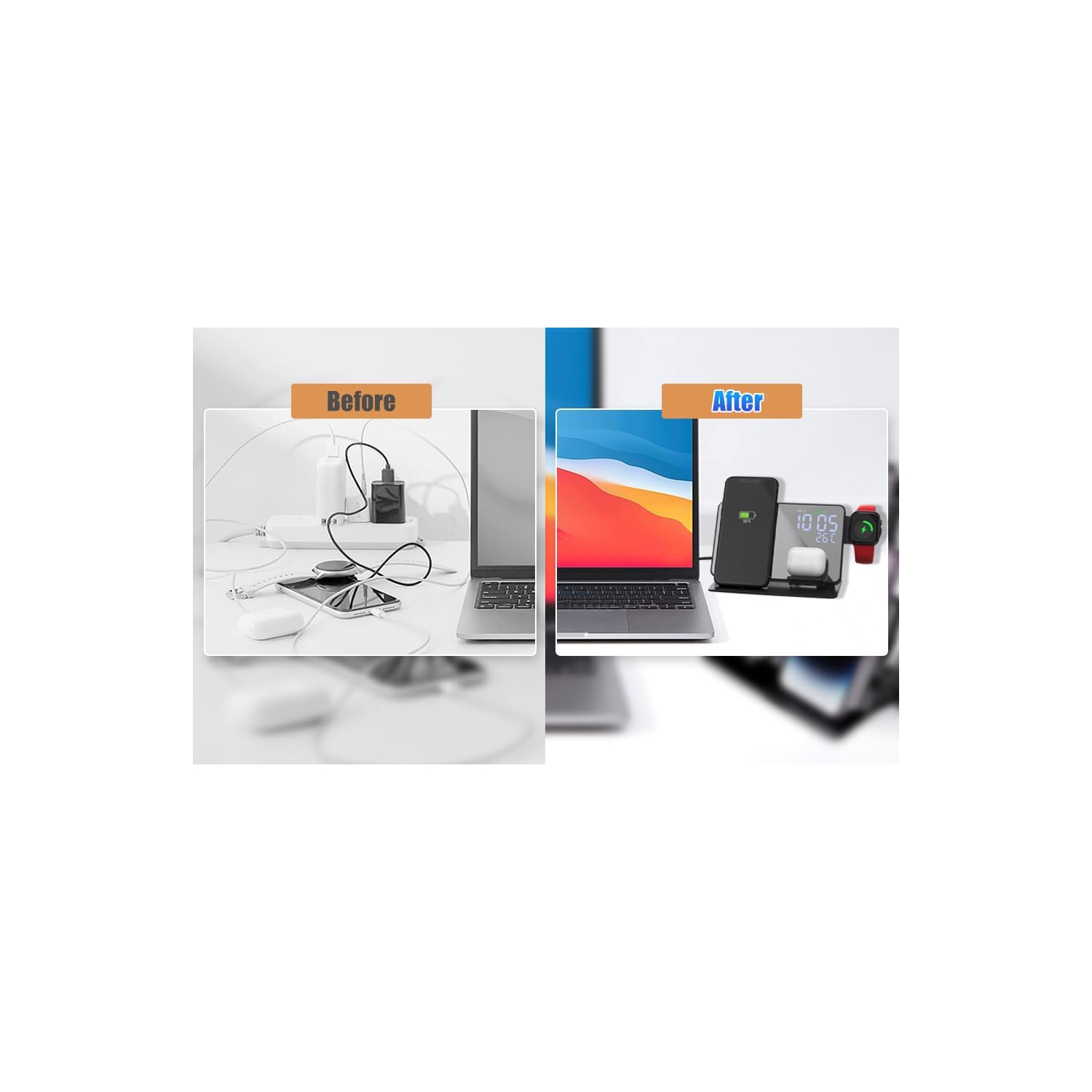 Station de recharge sans fil 4-en-1 pour appareils Apple, chargeur sans fil rapide 18&nbsp;W, réveil-matin et affichage de la température, socle de