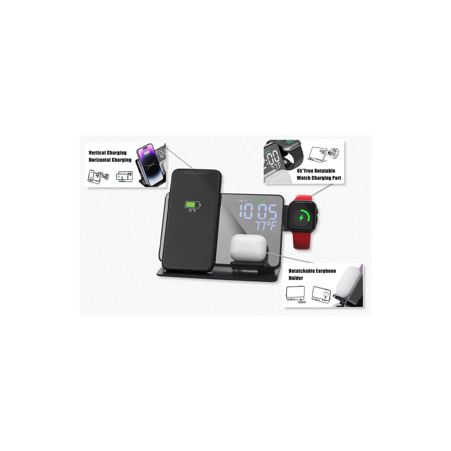 Station de recharge sans fil 4-en-1 pour appareils Apple, chargeur sans fil rapide 18&nbsp;W, réveil-matin et affichage de la température, socle de