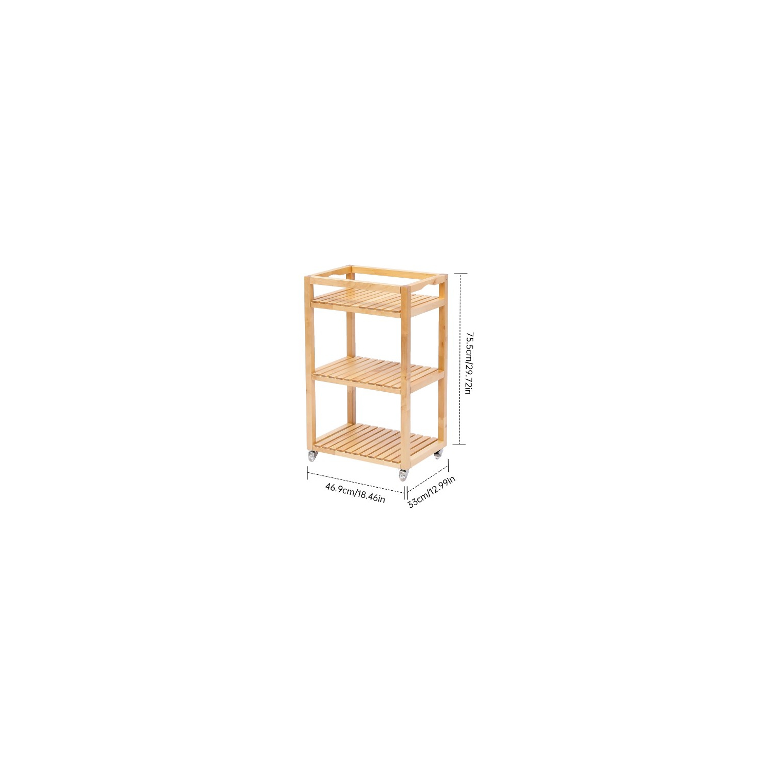 3 Tier Rolling Storage Shelf, Solid Wood Utility Cart with Wheels for Home, Living Room, Bathroom, Kitchen