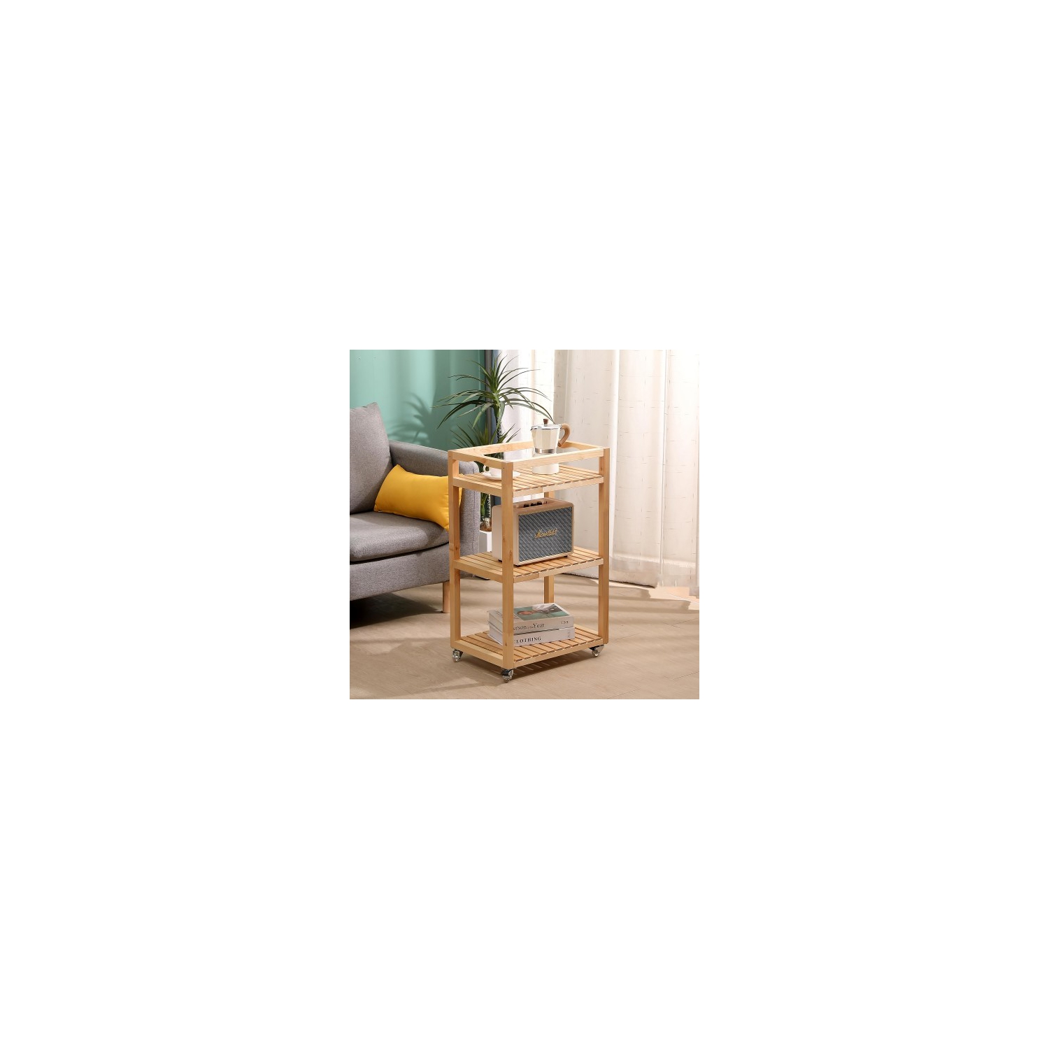 3 Tier Rolling Storage Shelf, Solid Wood Utility Cart with Wheels for Home, Living Room, Bathroom, Kitchen