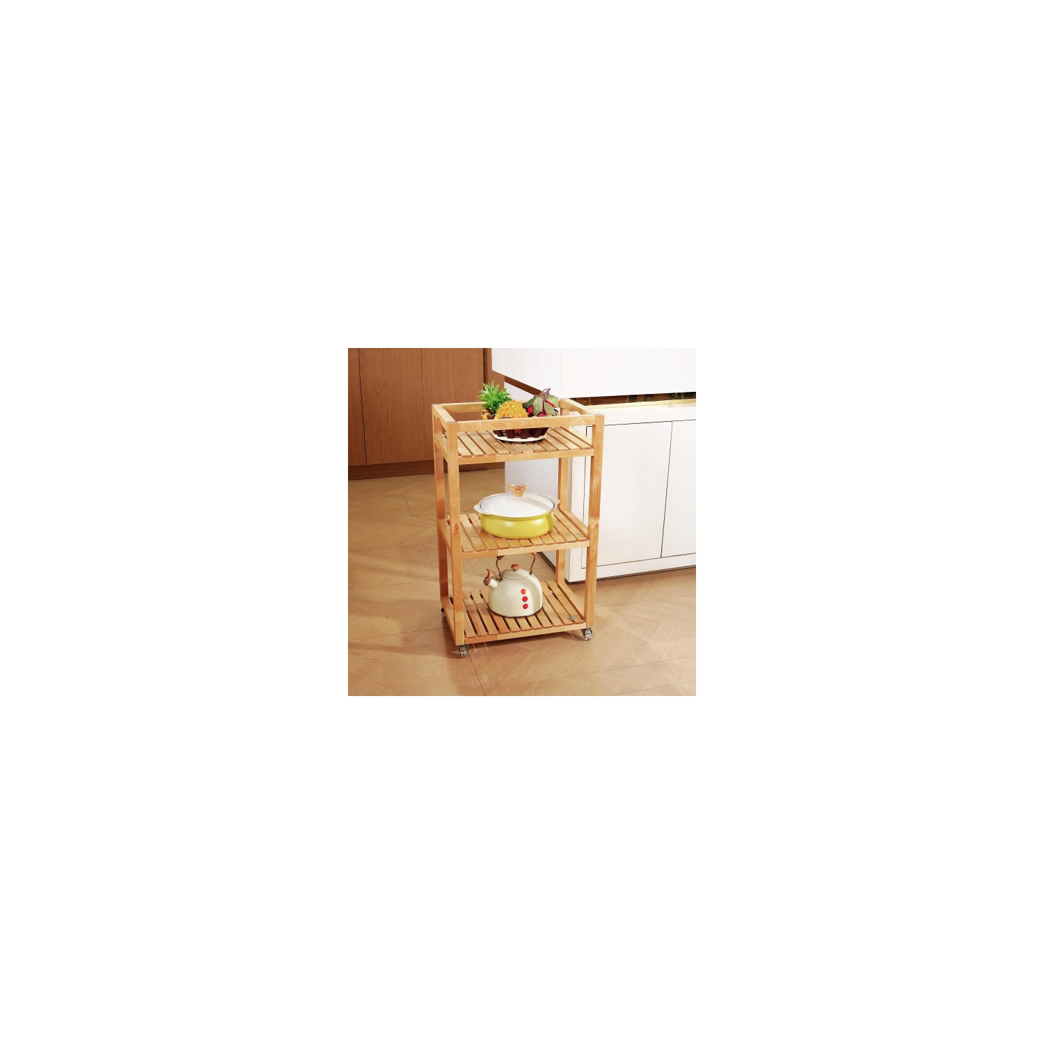3 Tier Rolling Storage Shelf, Solid Wood Utility Cart with Wheels for Home, Living Room, Bathroom, Kitchen