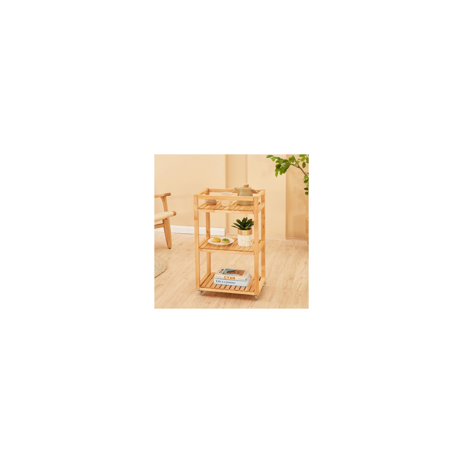 3 Tier Rolling Storage Shelf, Solid Wood Utility Cart with Wheels for Home, Living Room, Bathroom, Kitchen