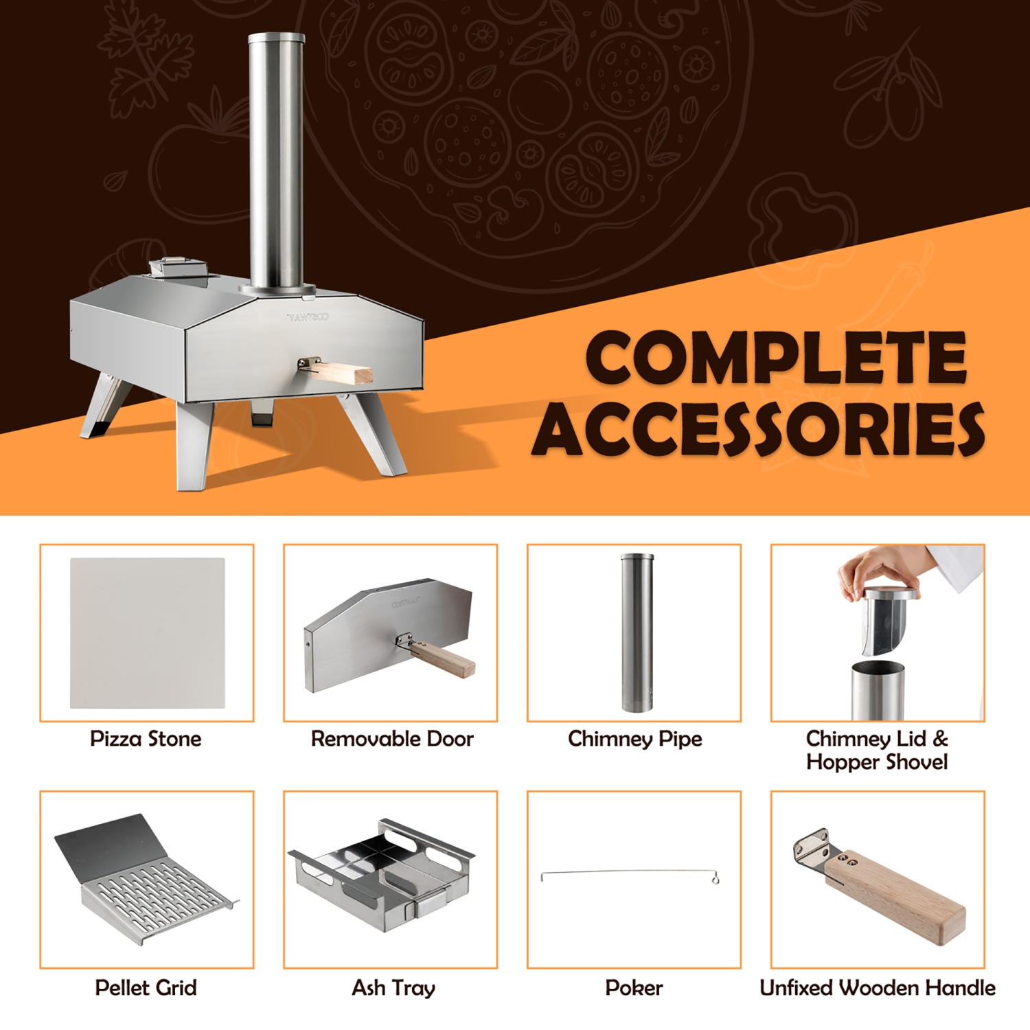 Costway Outdoor Pizza Oven Portable Stainless Steel Wood Pellet Pizza Stove with 12” Pizza Stone, Foldable Wood Fired Pizza Maker for Outdoor Cooking
