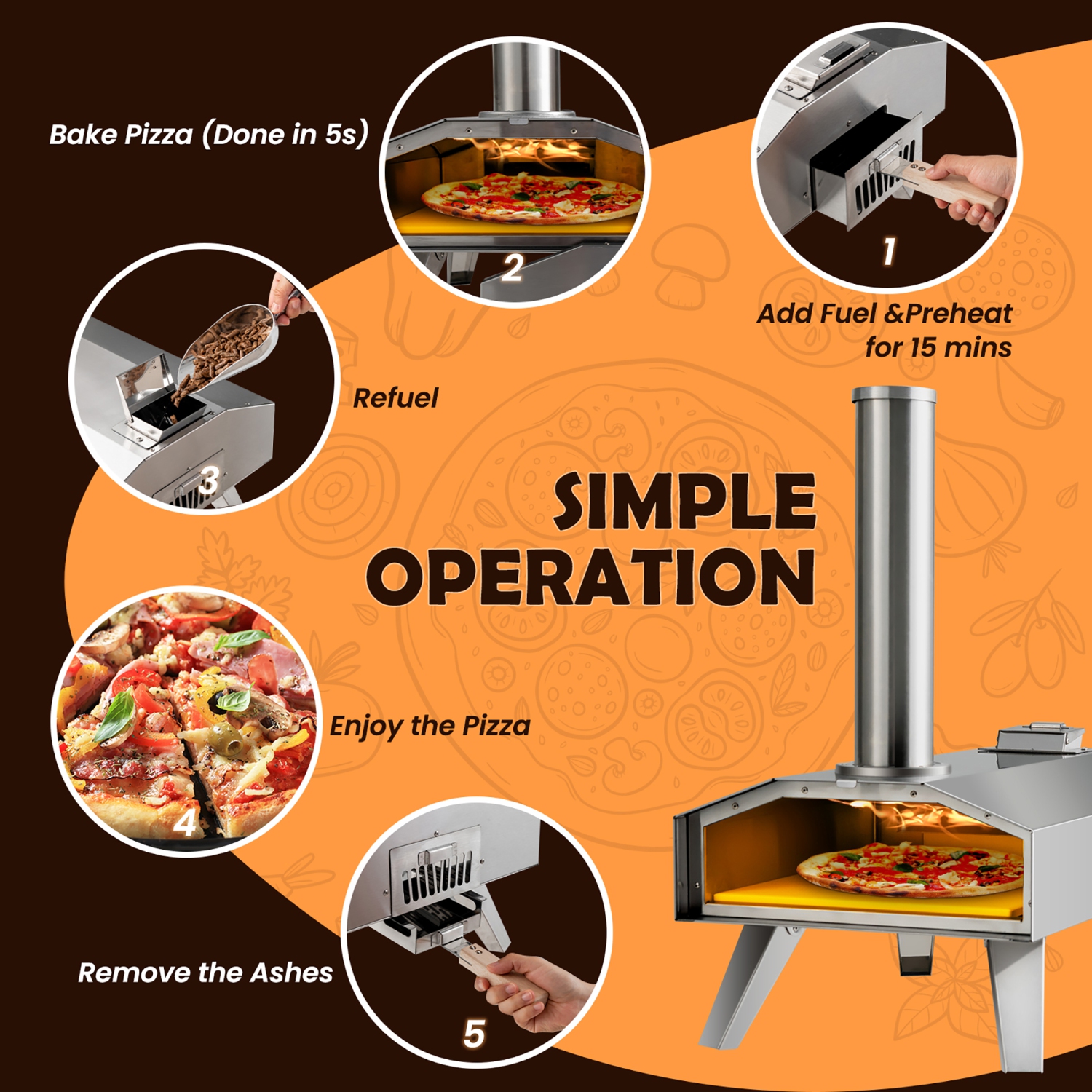 Costway Outdoor Pizza Oven Portable Stainless Steel Wood Pellet Pizza Stove with 12” Pizza Stone, Foldable Wood Fired Pizza Maker for Outdoor Cooking