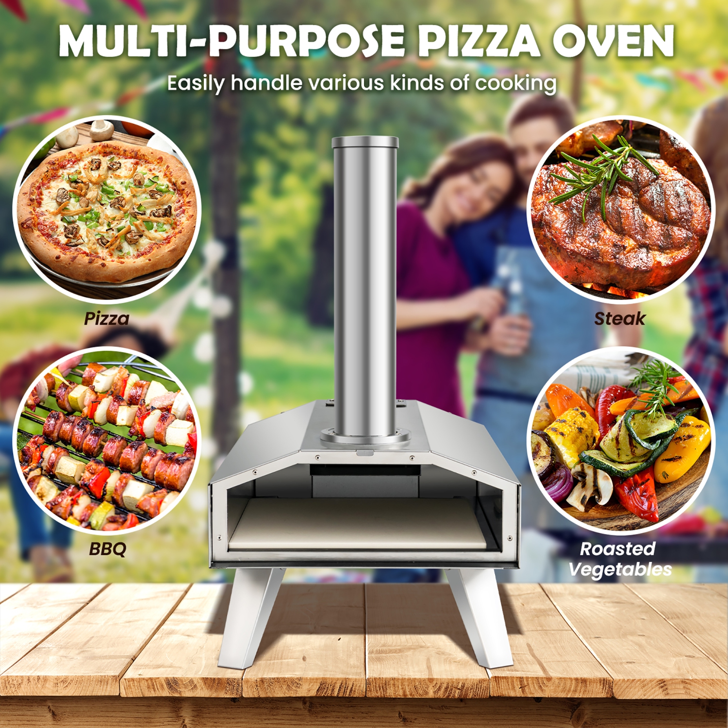 Costway Outdoor Pizza Oven Portable Stainless Steel Wood Pellet Pizza Stove with 12” Pizza Stone, Foldable Wood Fired Pizza Maker for Outdoor Cooking