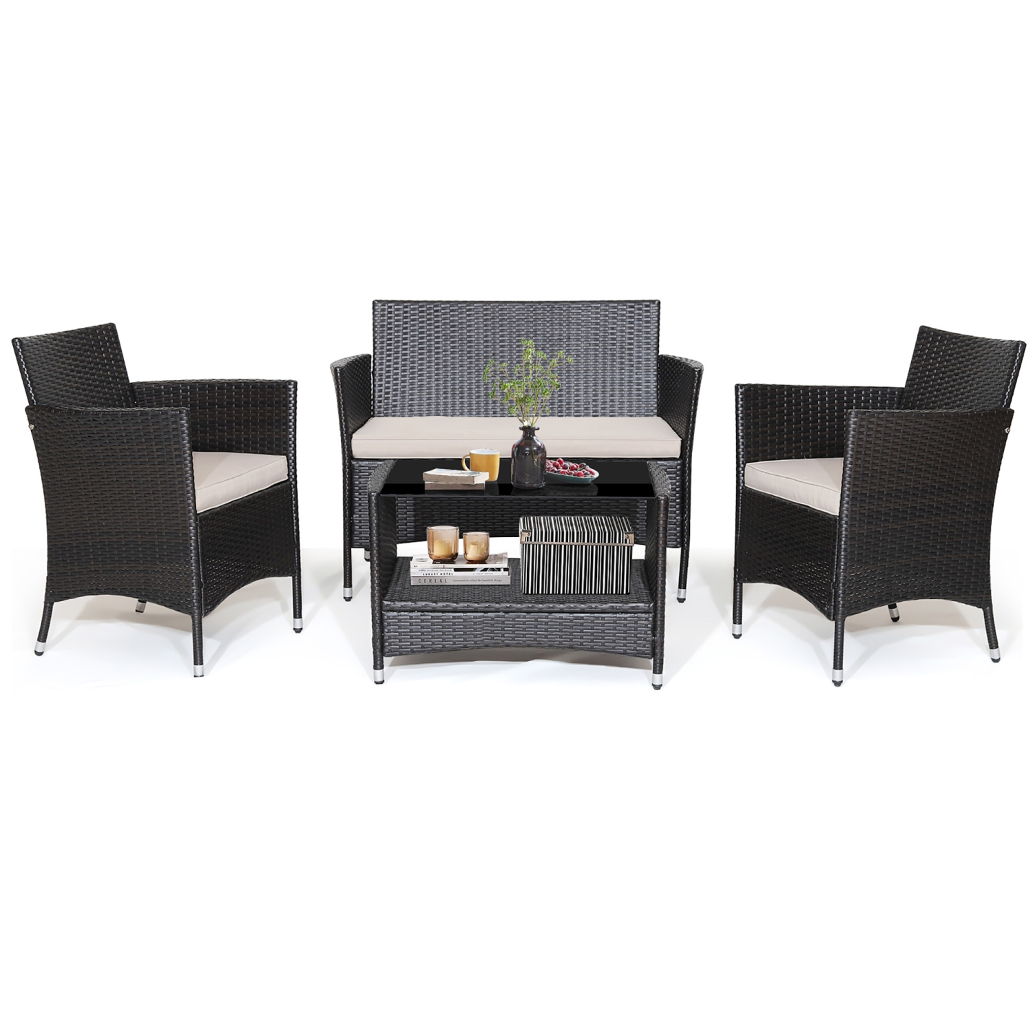 Costway 4 Pieces Patio Furniture Set, Outdoor PE Wicker Conversation Set with Soft Cushions and Tempered Glass Tabletop, Outdoor Garden Furniture Set