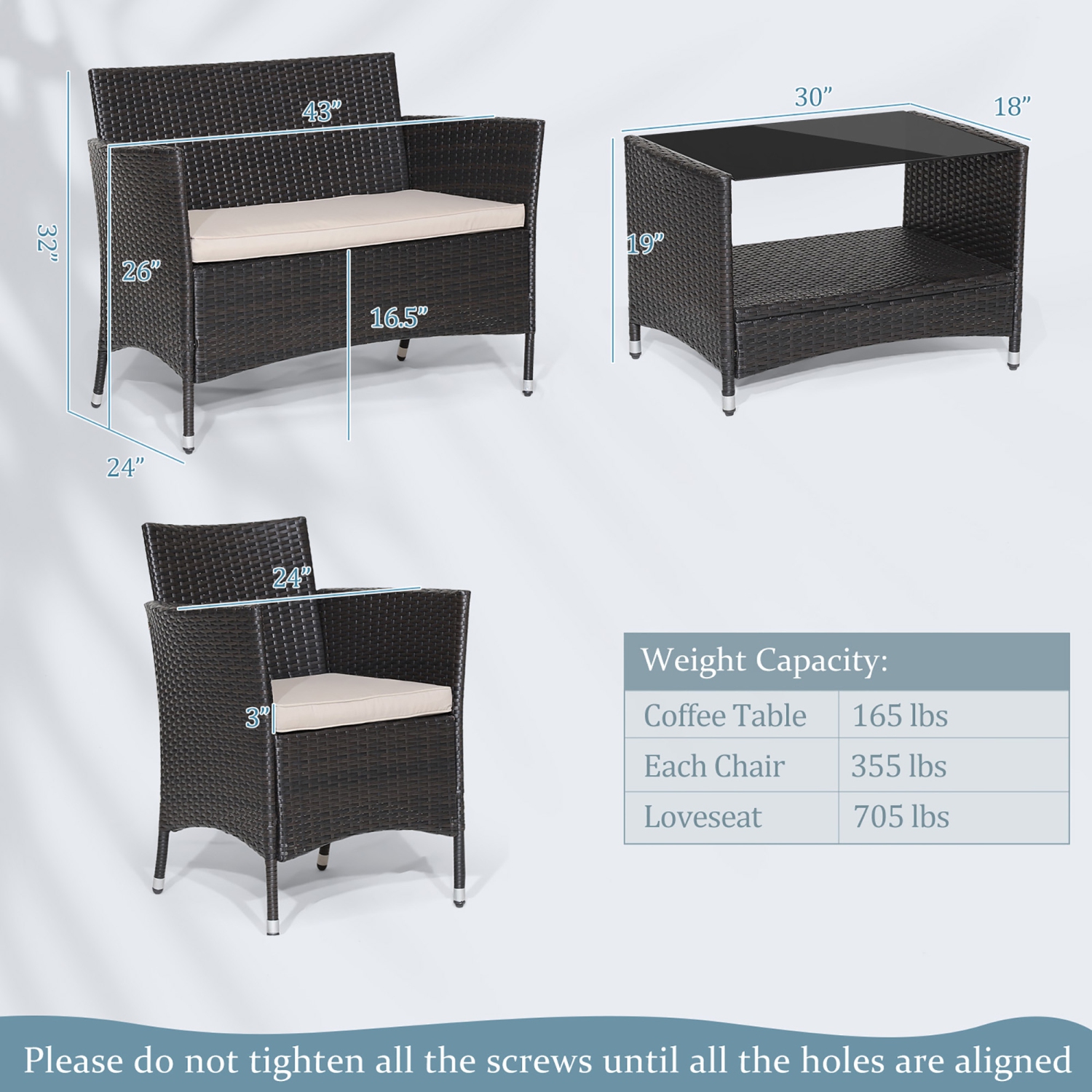 Costway 4 Pieces Patio Furniture Set, Outdoor PE Wicker Conversation Set with Soft Cushions and Tempered Glass Tabletop, Outdoor Garden Furniture Set