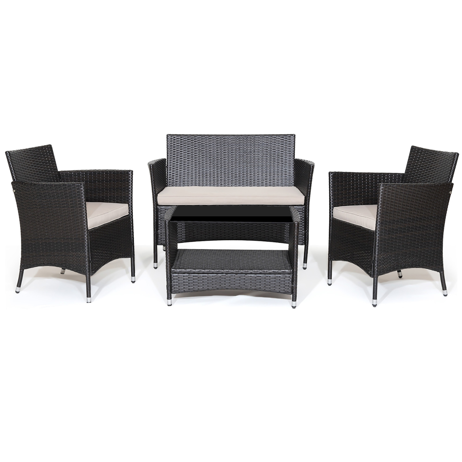Costway 4 Pieces Patio Furniture Set, Outdoor PE Wicker Conversation Set with Soft Cushions and Tempered Glass Tabletop, Outdoor Garden Furniture Set