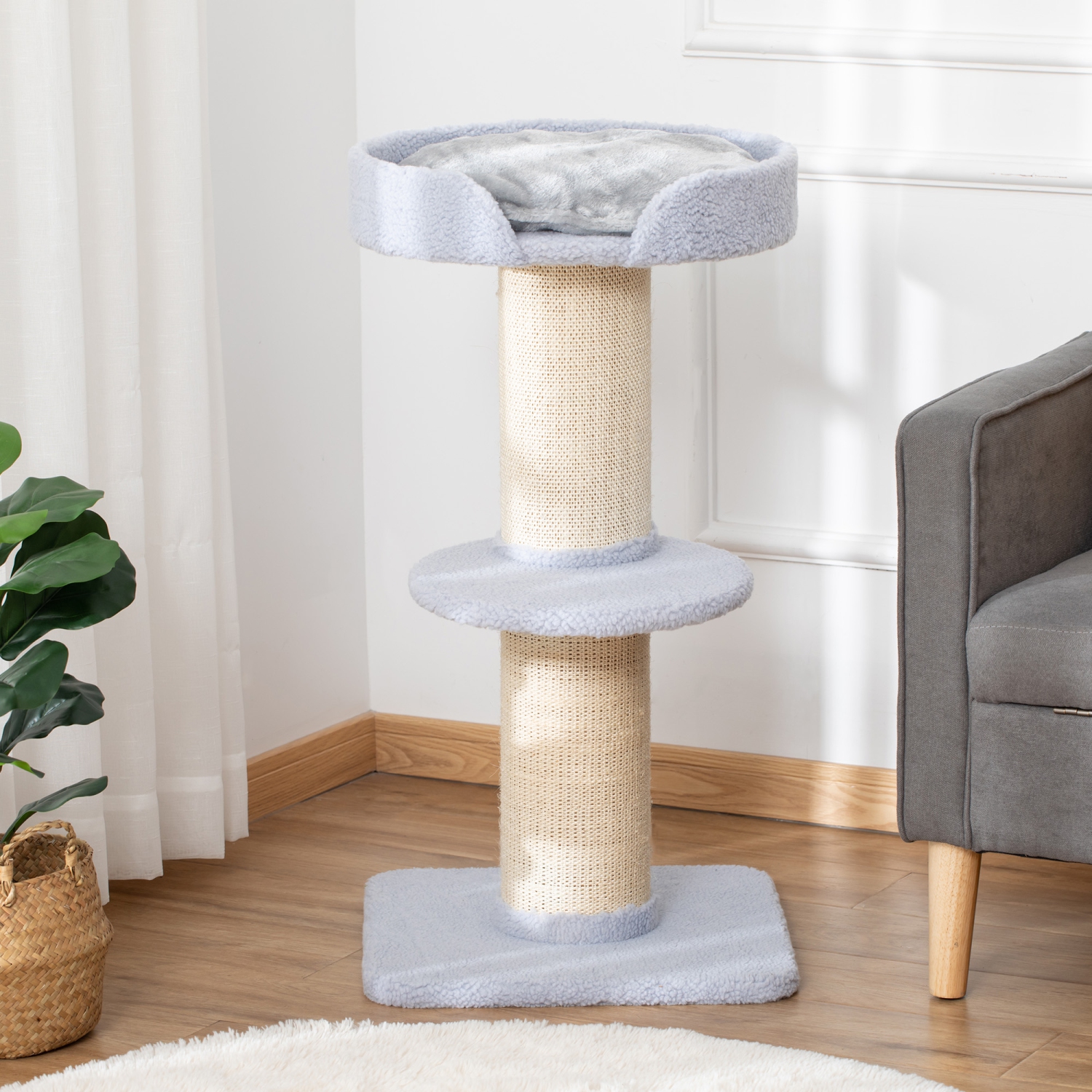PawHut – Tour pour chat à plusieurs niveaux, 36&nbsp;po, tapis à gratter en sisal, lit pour chat, coussin, perchaude, bleu clair