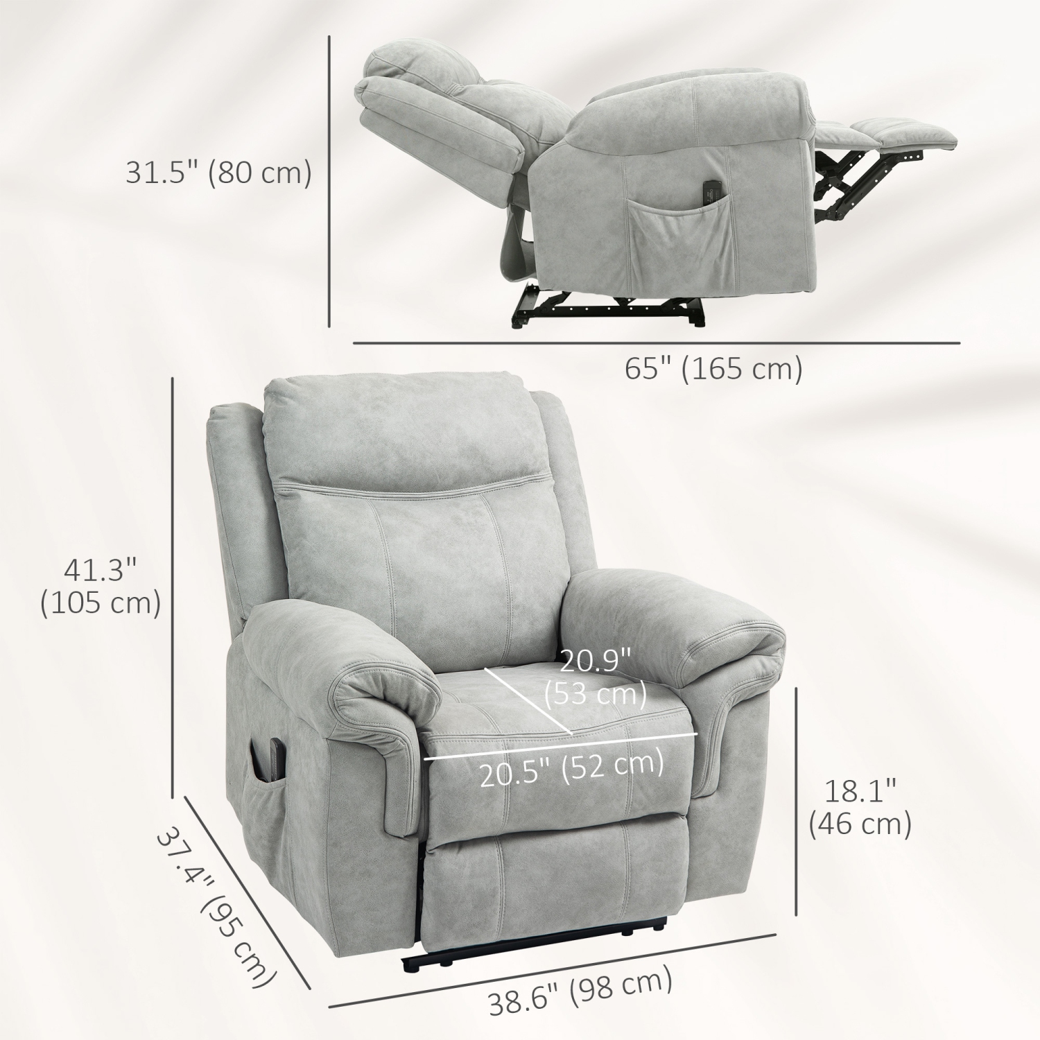 Fauteuil de massage inclinable à 8 points de HOMCOM, fauteuil inclinable manuel en microfibre pour salon avec pochettes latérales, repose-pieds,