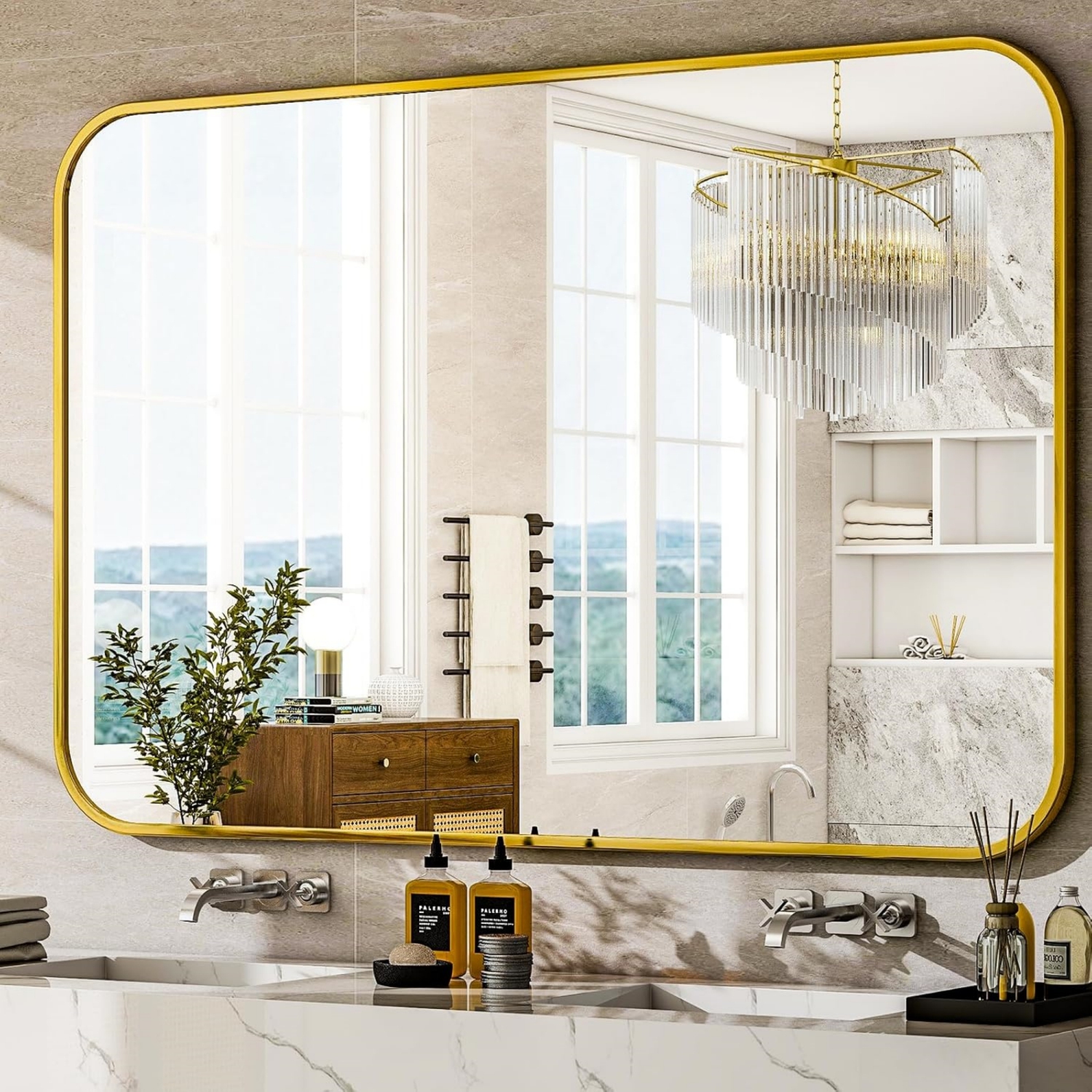 Round Corner Top Bathroom Mirror 30'' x 48'' Rectangle Aluminum Frame Mirror Gold Hanging Entryway Wall Mirror Bedroom Decorative Mirror Living Room