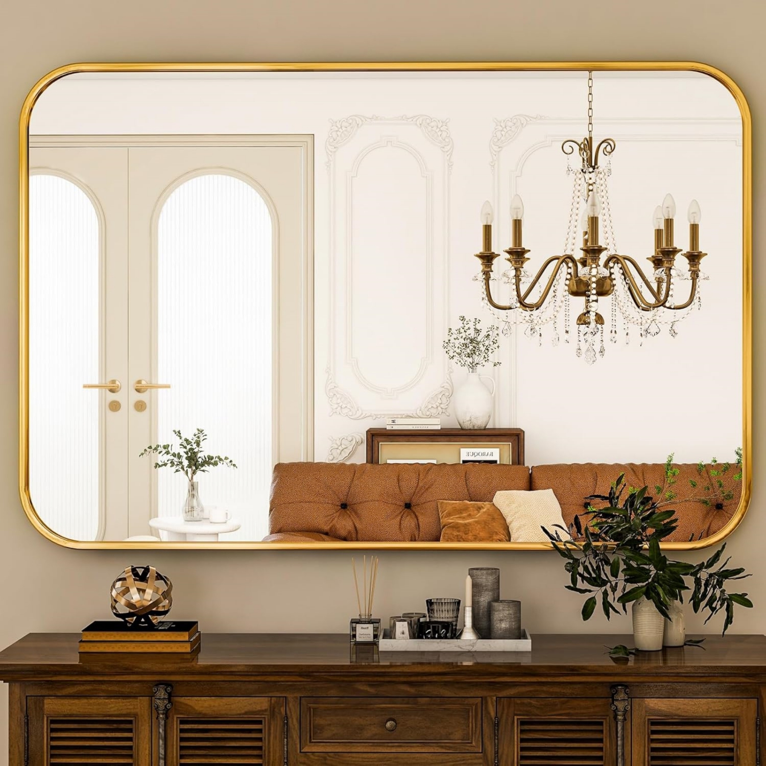 Round Corner Top Bathroom Mirror 30'' x 48'' Rectangle Aluminum Frame Mirror Gold Hanging Entryway Wall Mirror Bedroom Decorative Mirror Living Room